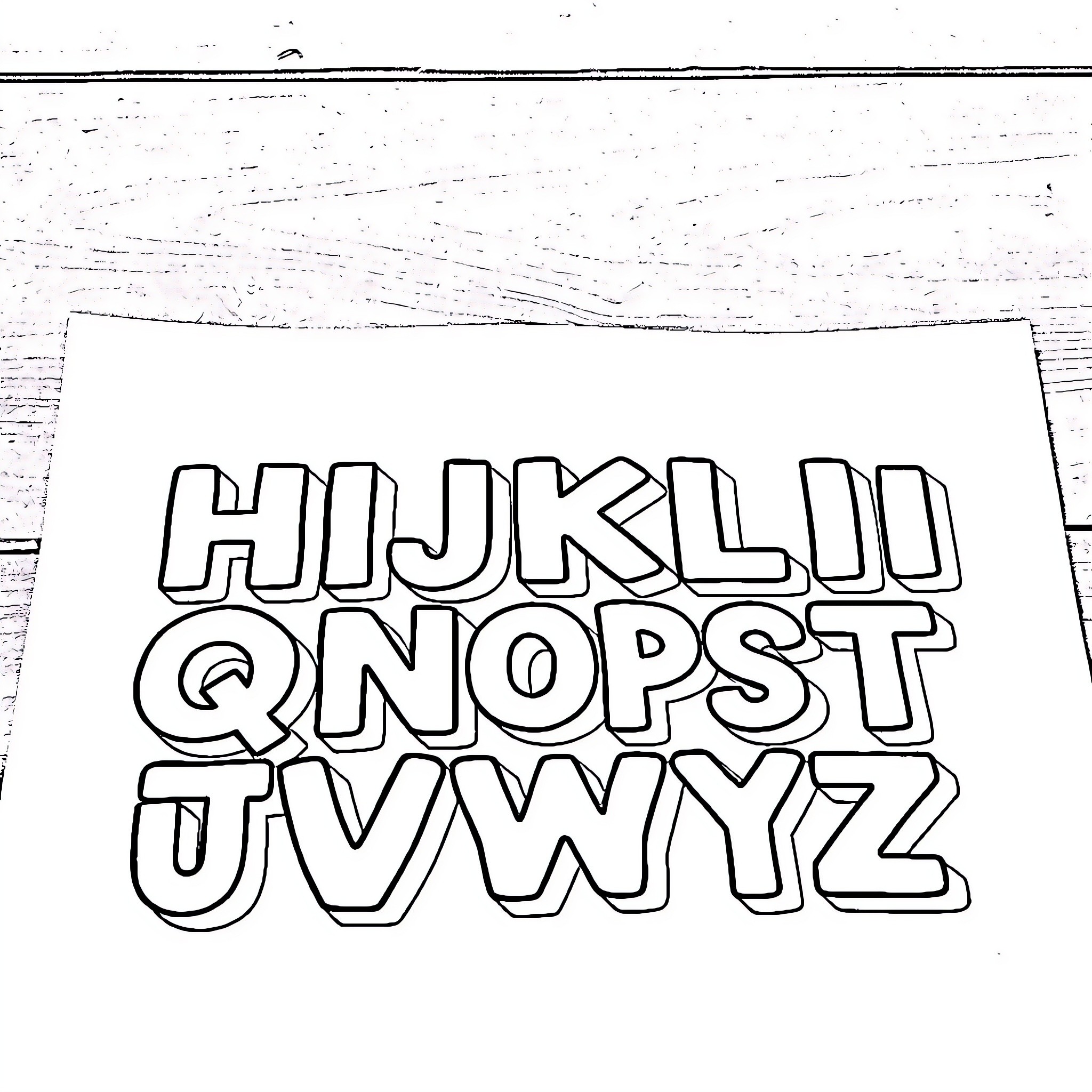 Alphabet Letters Handwritten on Wooden Surface Coloring Page (free black-and-white line drawing printable PDF for all, from beginners to advanced learners, including children, teens, adults, and seniors)