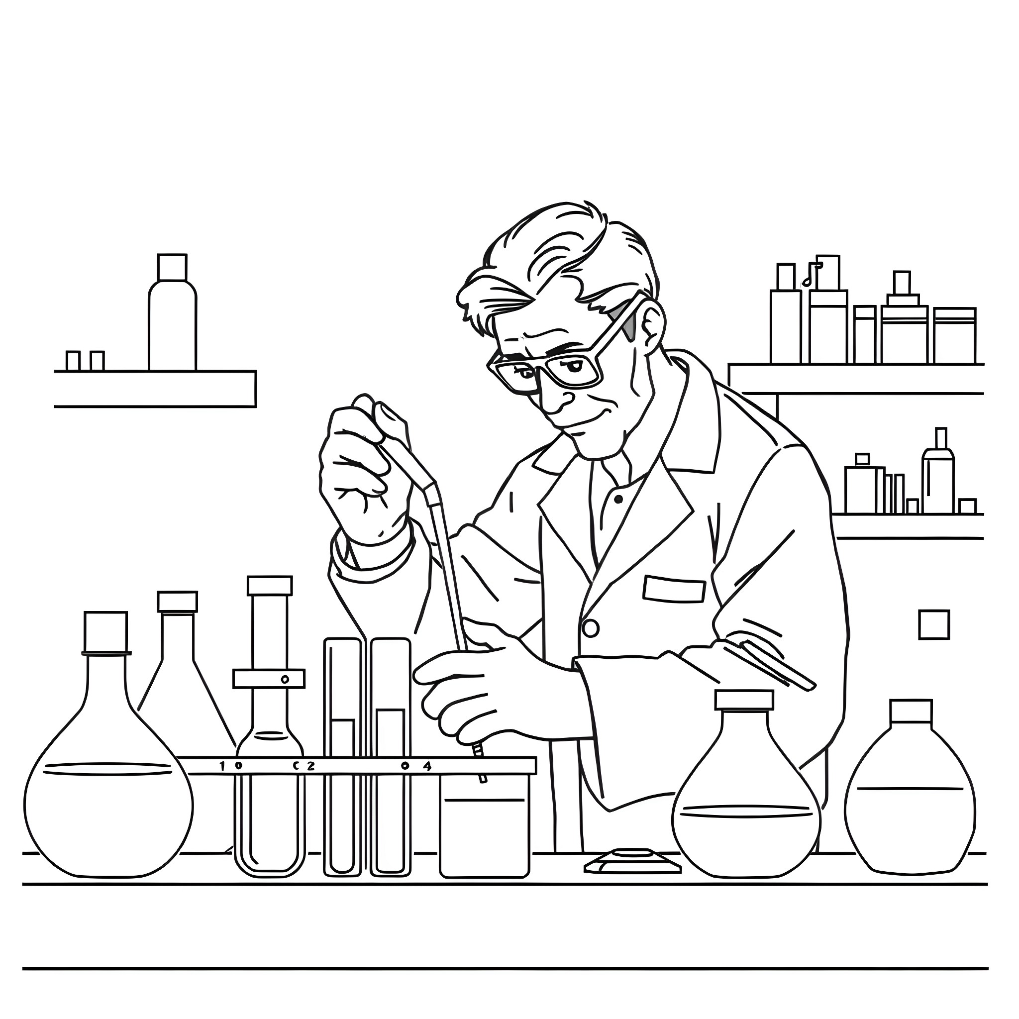 Scientist conducting experiments in a laboratory Coloring Page (free black-and-white line drawing printable PDF for all, from beginners to advanced learners, including children, teens, adults, and seniors)