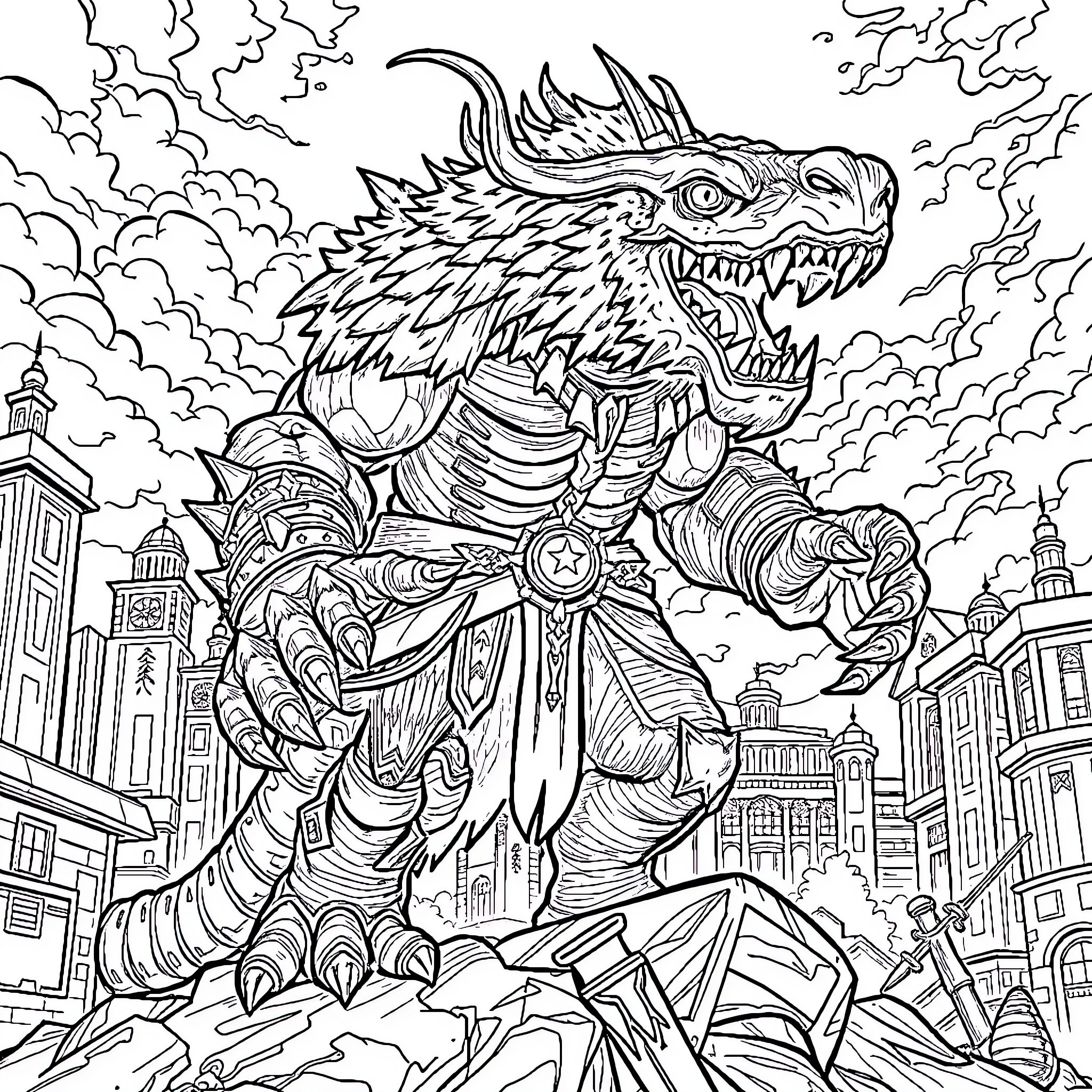 Utramen - Colossal Warrior Rampages Through the City Coloring Page (free black-and-white line drawing printable PDF for all, from beginners to advanced learners, including children, teens, adults, and seniors)