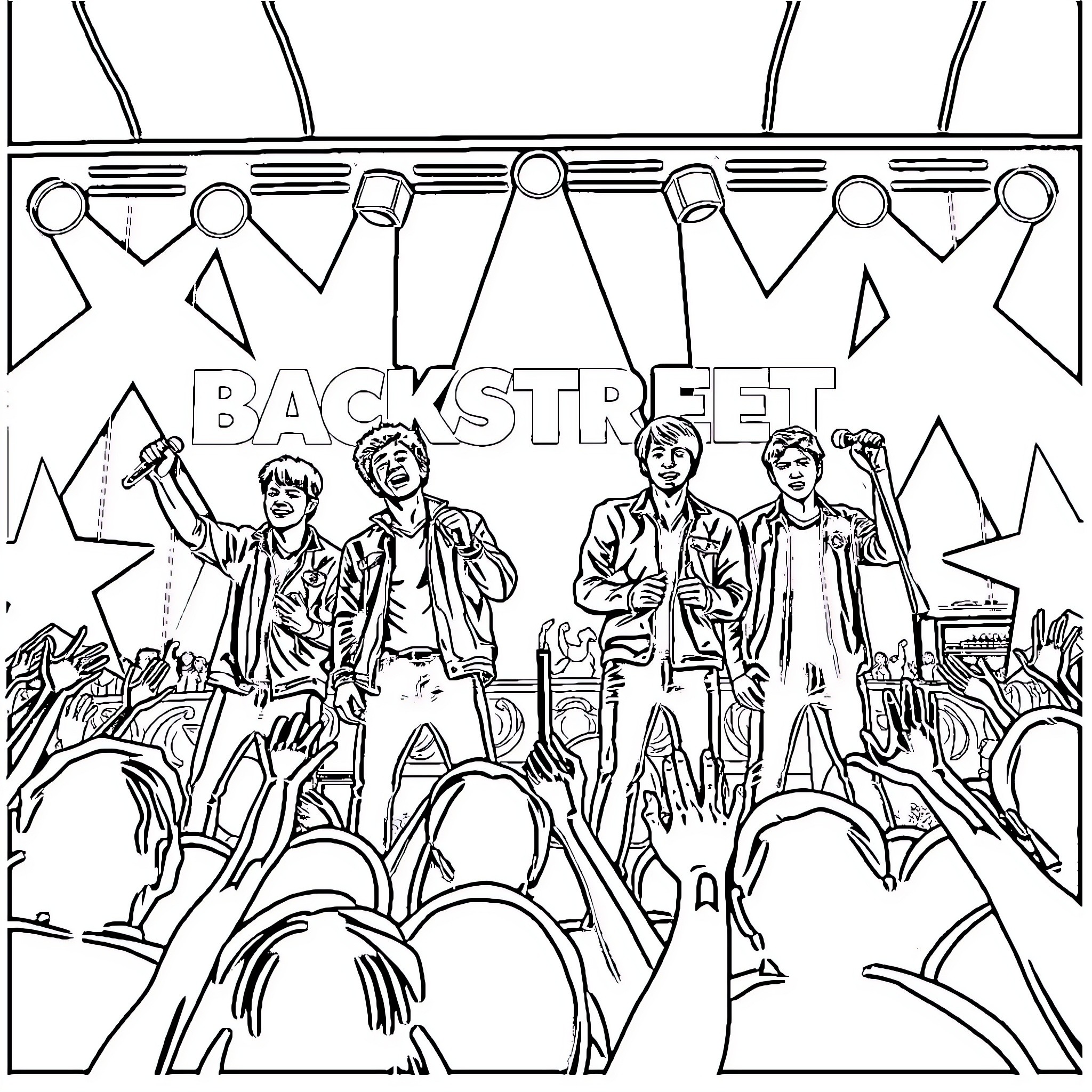 Backstreet Boys performing on stage with adoring fans Coloring Page (free black-and-white line drawing printable PDF for all, from beginners to advanced learners, including children, teens, adults, and seniors)