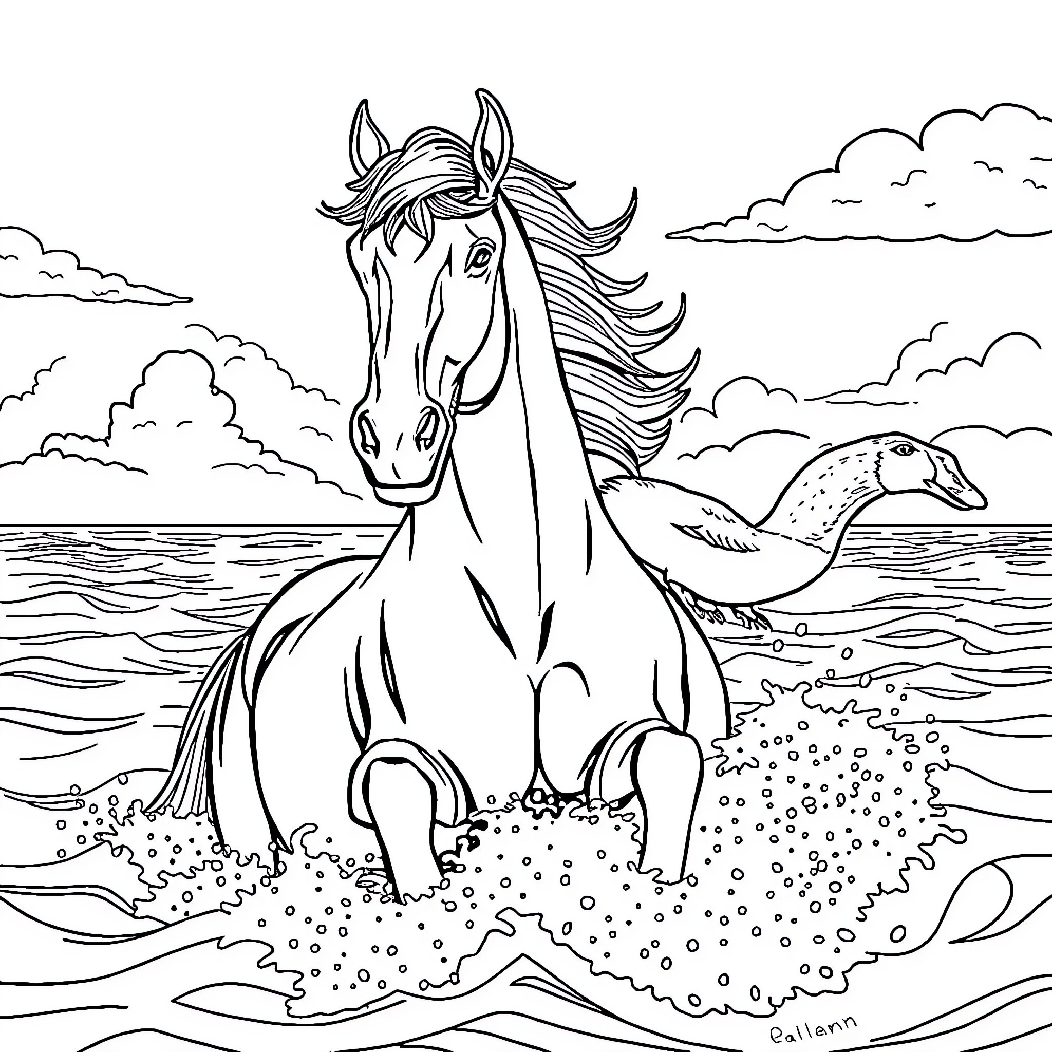 Cheval riding waves with a duck companion Coloring Page (free black-and-white line drawing printable PDF for all, from beginners to advanced learners, including children, teens, adults, and seniors)