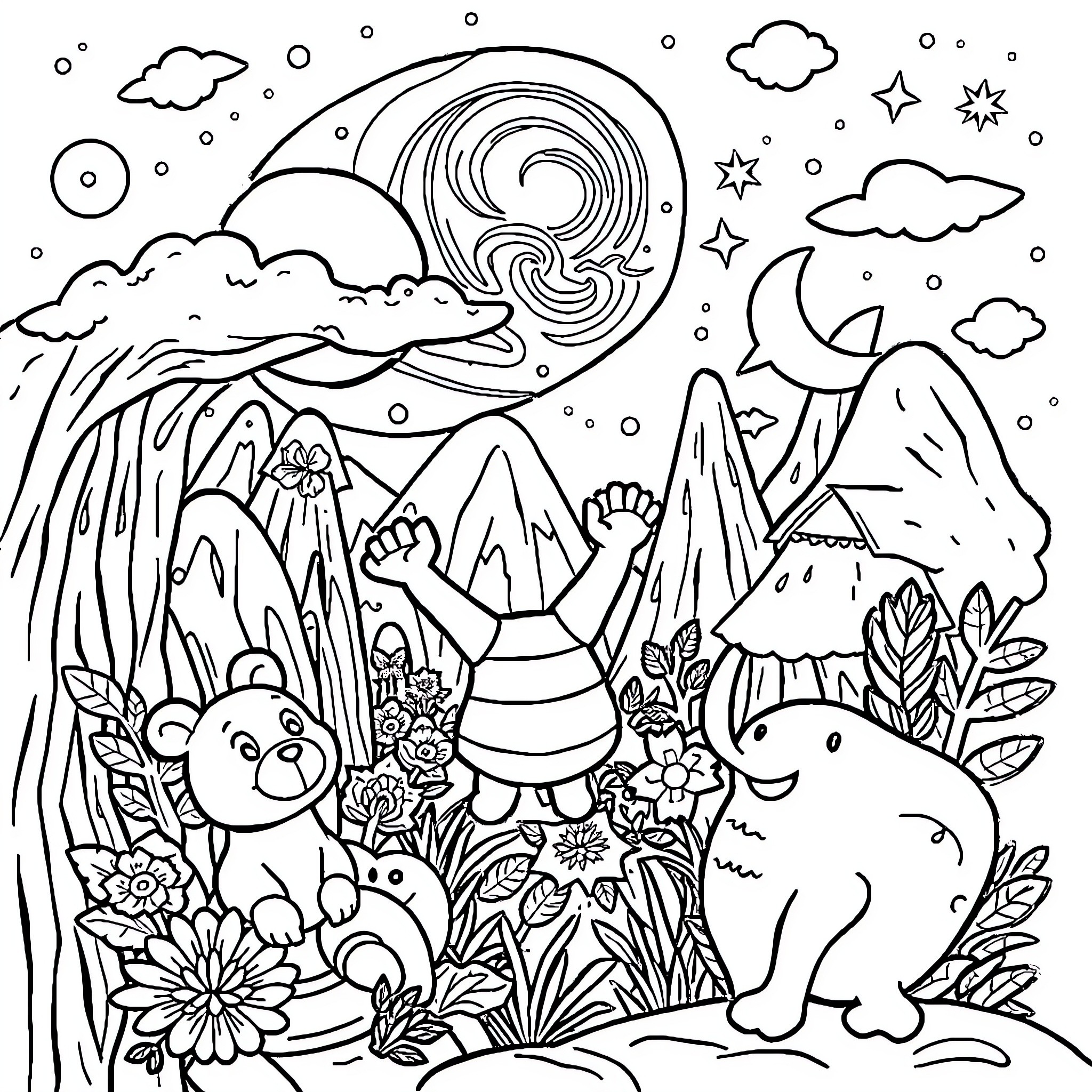 Story of Magical Nature and Whimsical Creatures Coloring Page (free black-and-white line drawing printable PDF for all, from beginners to advanced learners, including children, teens, adults, and seniors)