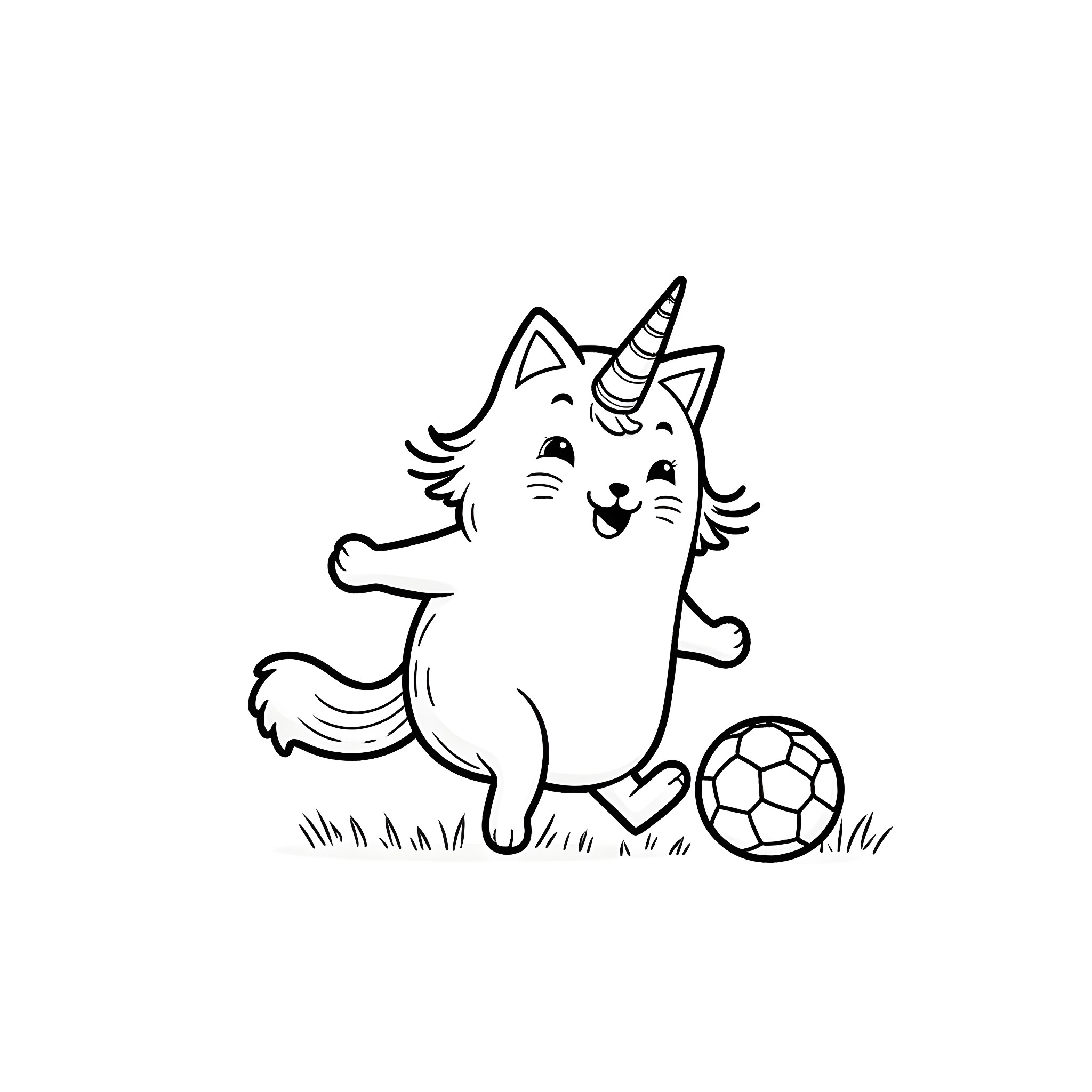 Cat unicorn playing with soccer ball Coloring Page (free black-and-white line drawing printable PDF for all, from beginners to advanced learners, including children, teens, adults, and seniors)
