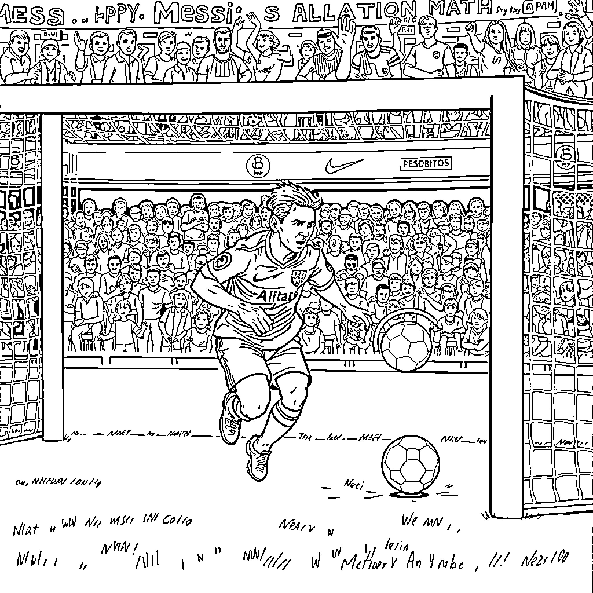 Messi's Celebration Match with Adoring Crowd Coloring Page (free black-and-white line drawing printable PDF for all, from beginners to advanced learners, including children, teens, adults, and seniors)