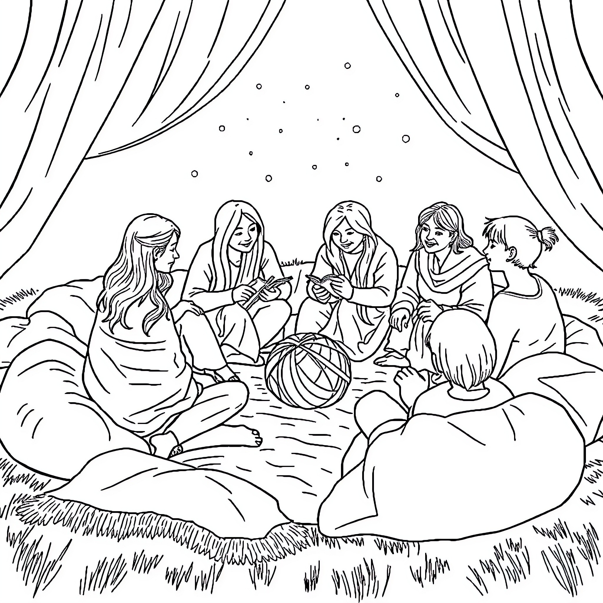 Yarn Crafting Among Friends in a Cozy Setting Coloring Page (free black-and-white line drawing printable PDF for all, from beginners to advanced learners, including children, teens, adults, and seniors)