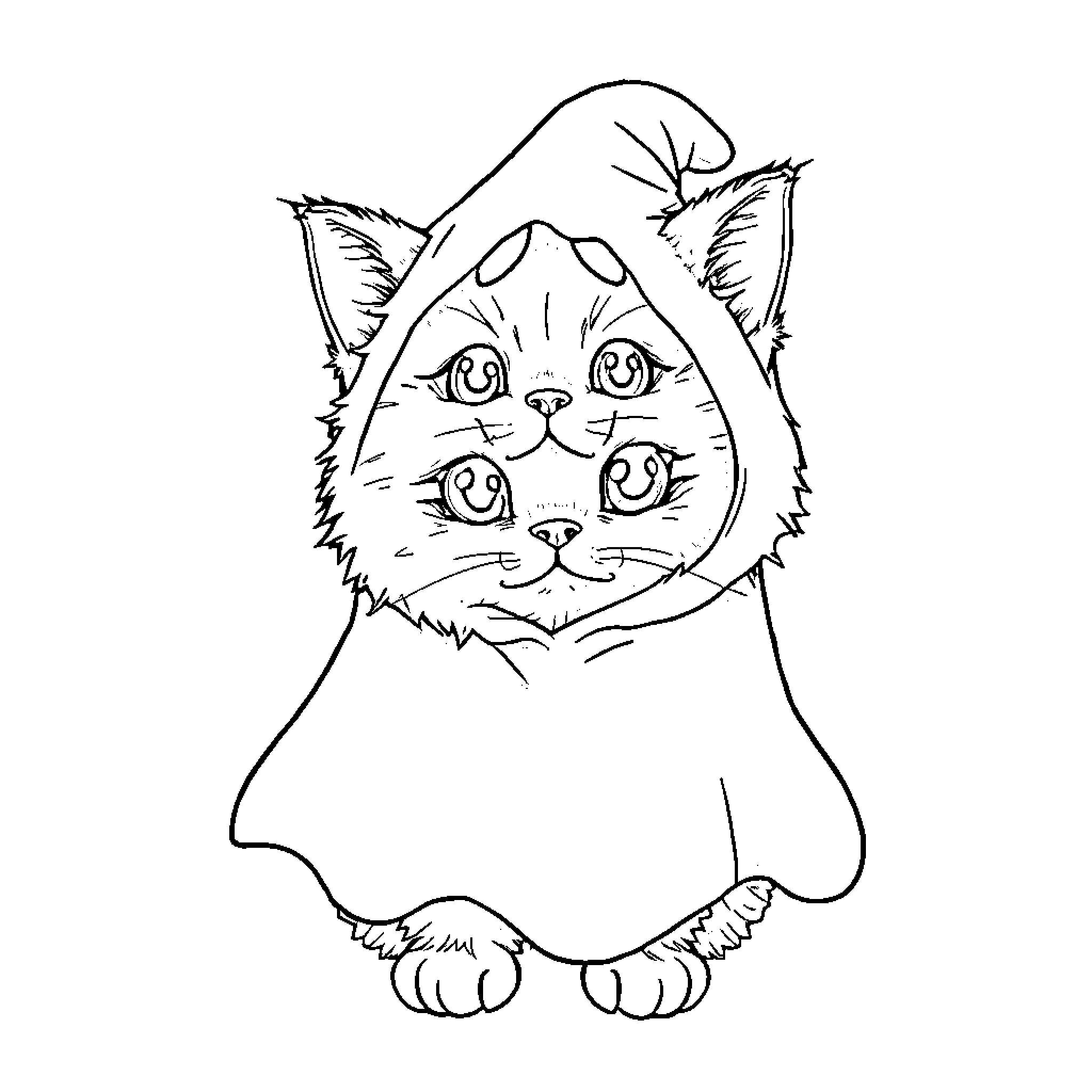 Cat wearing a hooded blanket Coloring Page (free black-and-white line drawing printable PDF for all, from beginners to advanced learners, including children, teens, adults, and seniors)