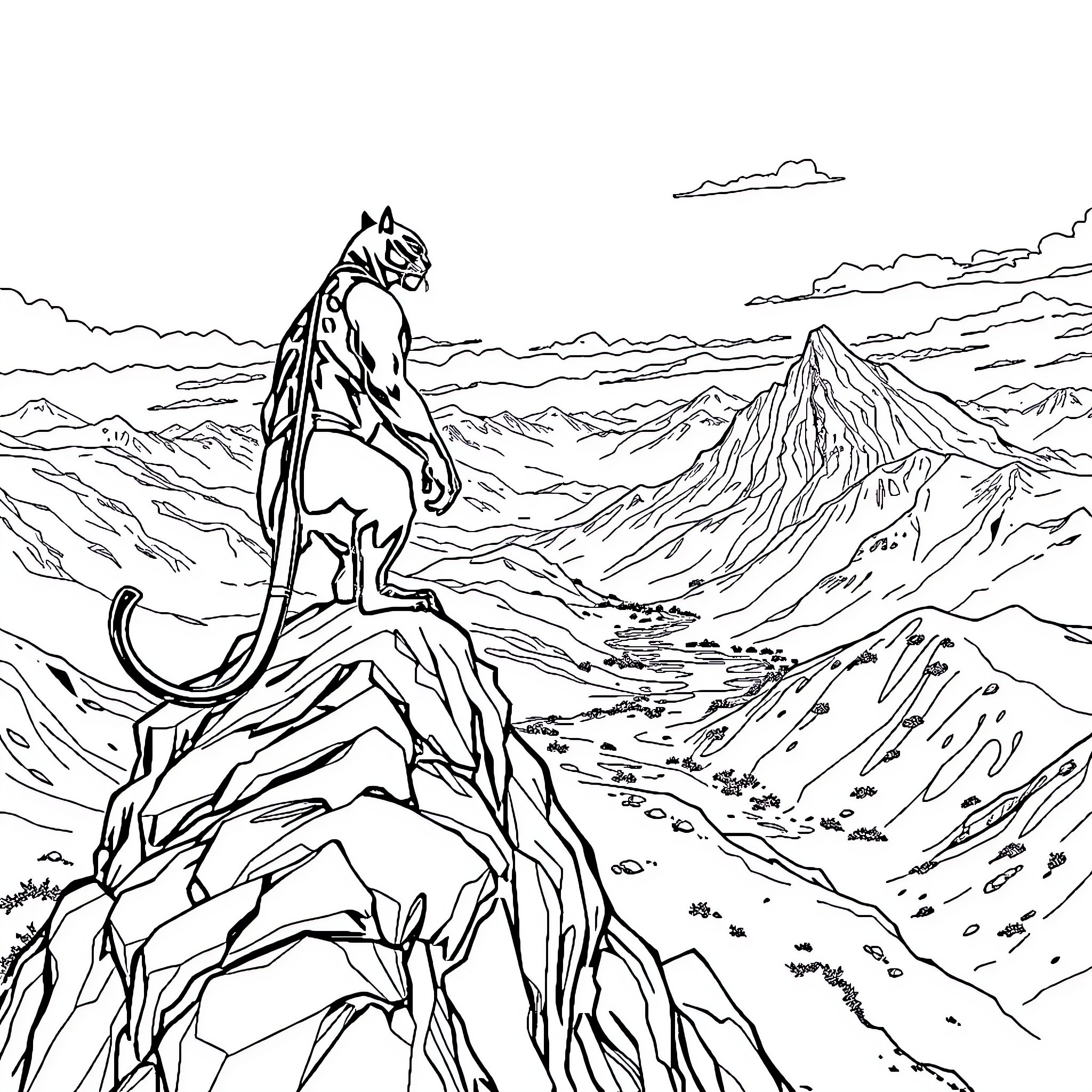 Black Panther's Powerful Pose on Rugged Terrain Coloring Page (free black-and-white line drawing printable PDF for all, from beginners to advanced learners, including children, teens, adults, and seniors)