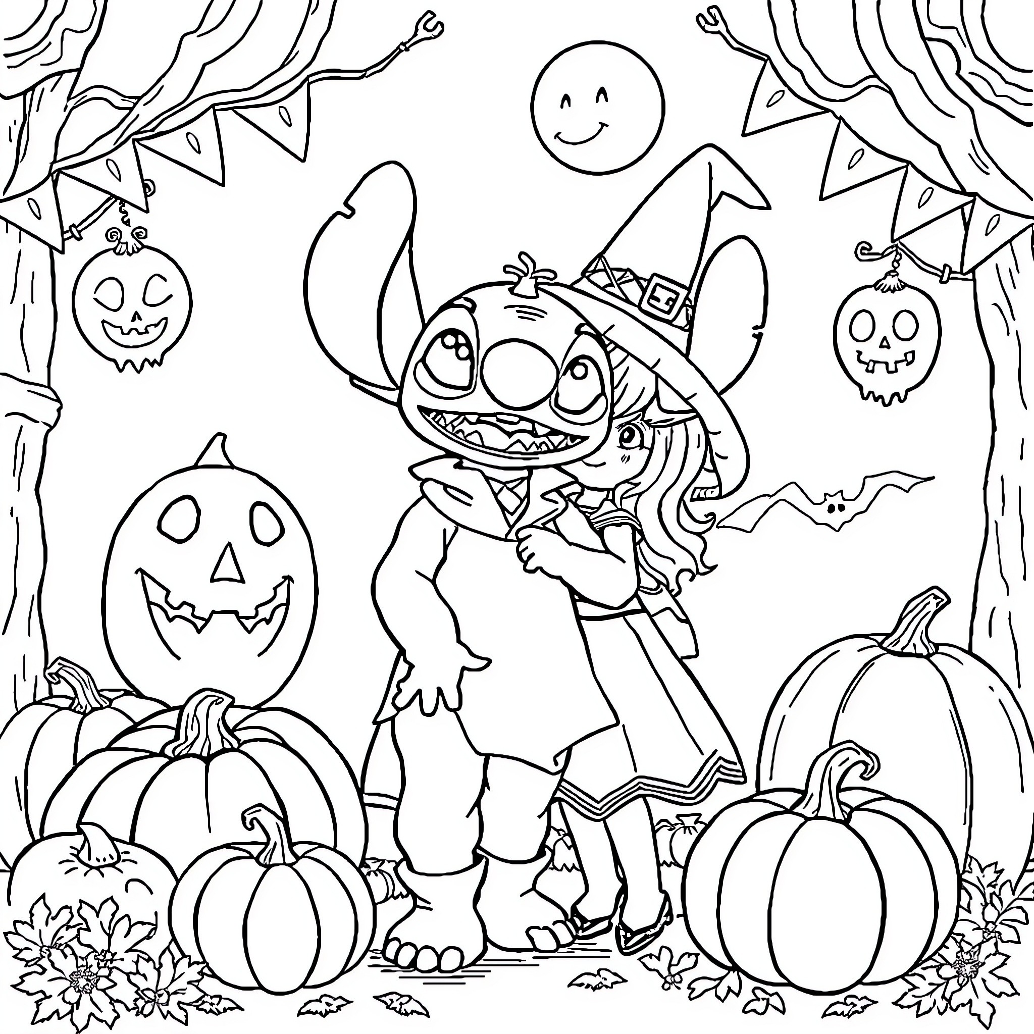 Stitch in Witch Costume Surrounded by Halloween Decorations Coloring Page (free black-and-white line drawing printable PDF for all, from beginners to advanced learners, including children, teens, adults, and seniors)