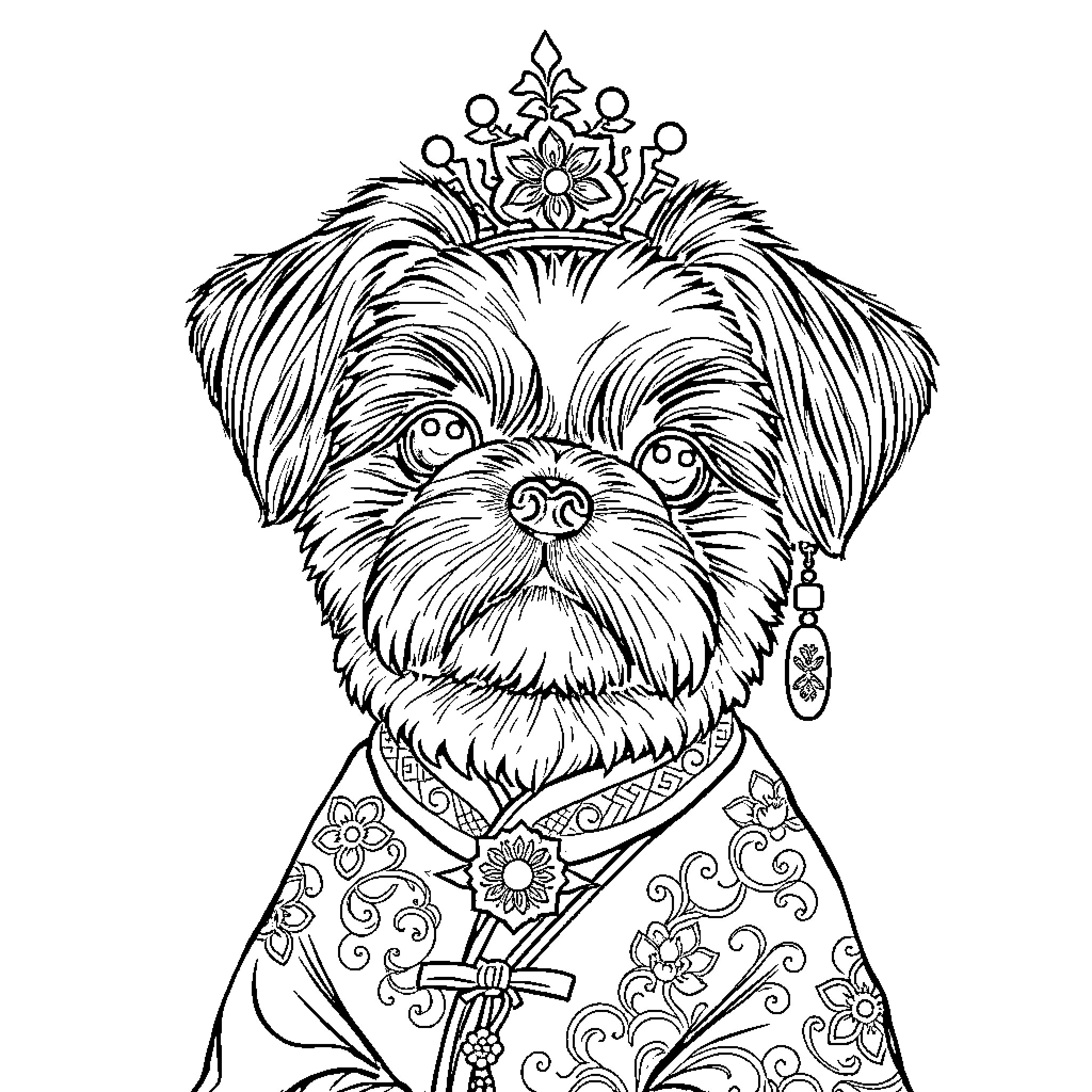 Shih Tzu dressed in ornate royal attire Coloring Page (free black-and-white line drawing printable PDF for all, from beginners to advanced learners, including children, teens, adults, and seniors)