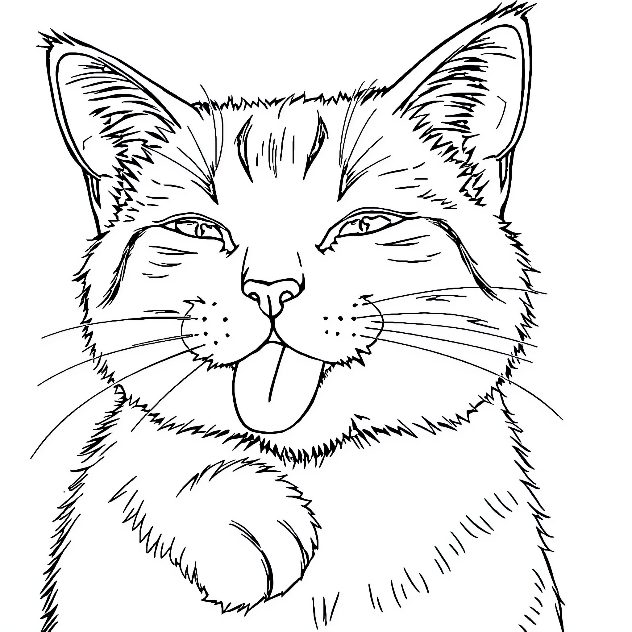 Cat sticking out tongue in playful expression Coloring Page (free black-and-white line drawing printable PDF for all, from beginners to advanced learners, including children, teens, adults, and seniors)