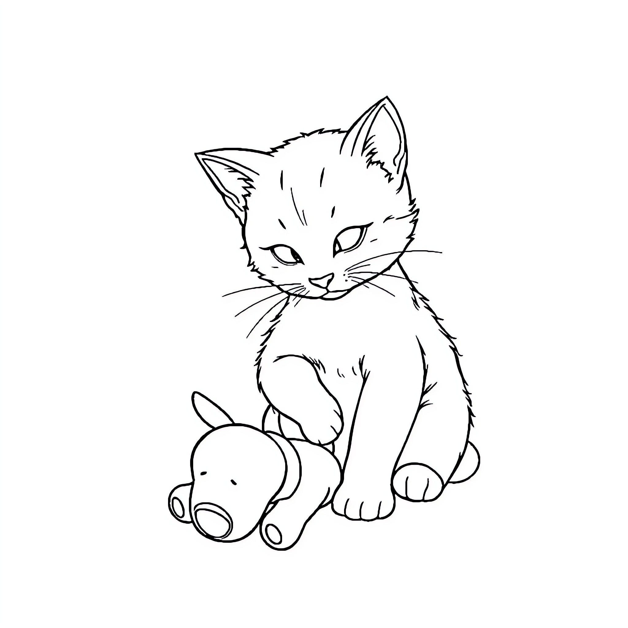 Cat cuddling with toy rabbit Coloring Page (free black-and-white line drawing printable PDF for all, from beginners to advanced learners, including children, teens, adults, and seniors)