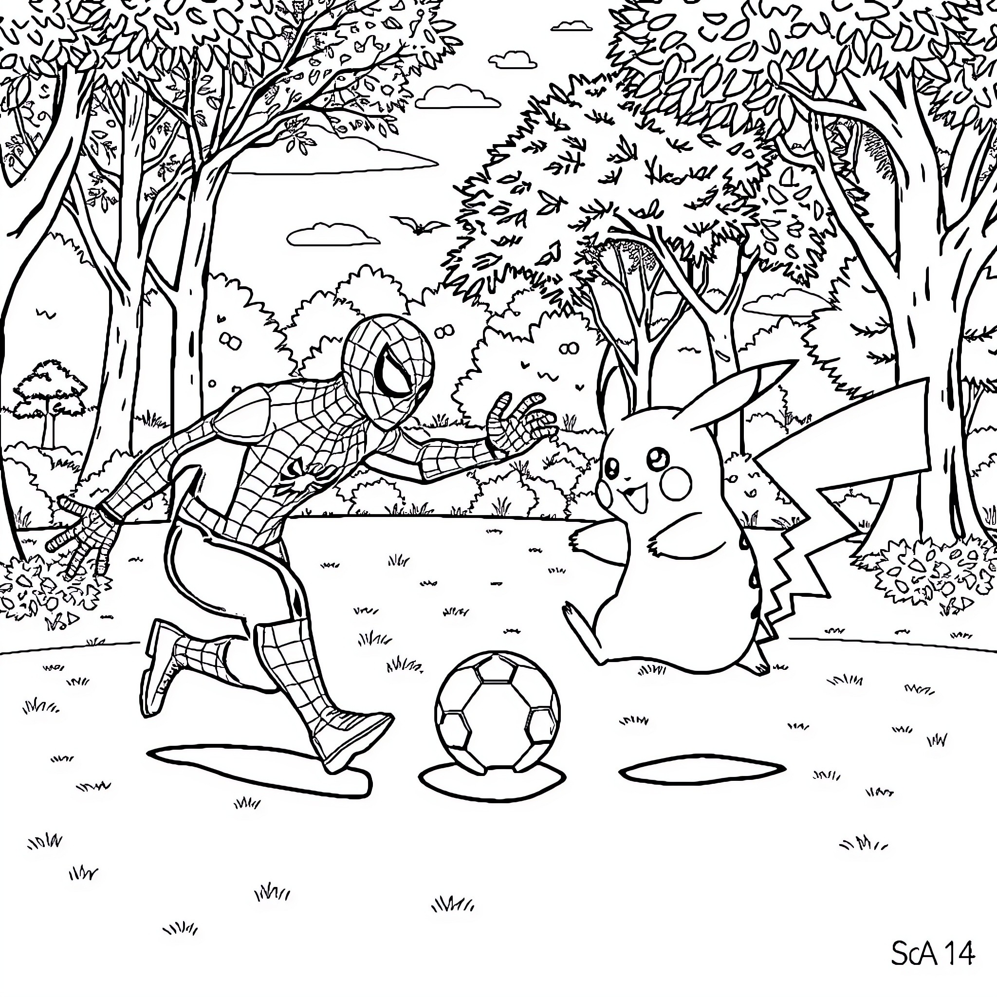Spider-Man playing soccer with Pikachu in the forest Coloring Page (free black-and-white line drawing printable PDF for all, from beginners to advanced learners, including children, teens, adults, and seniors)
