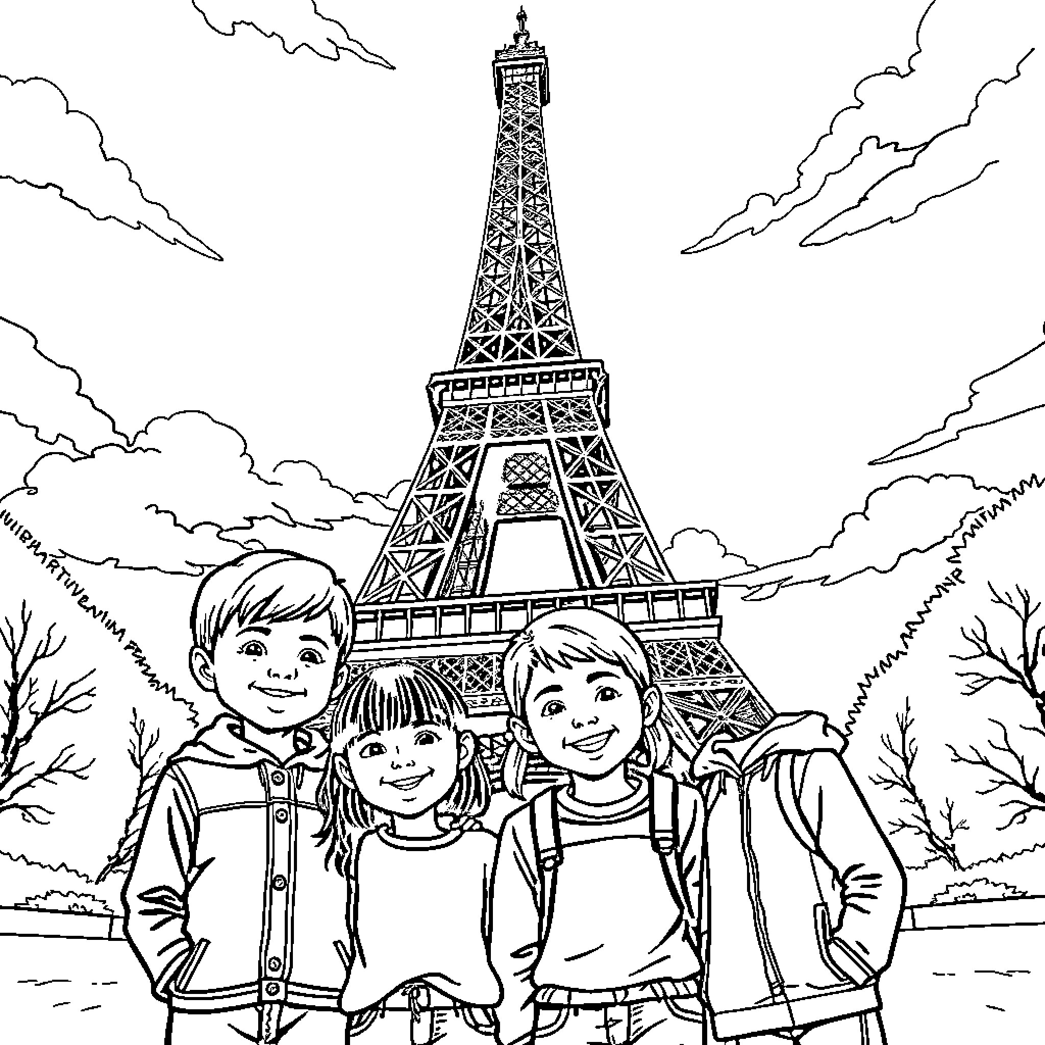 Eiffel Tower with children on a winter day Coloring Page (free black-and-white line drawing printable PDF for all, from beginners to advanced learners, including children, teens, adults, and seniors)