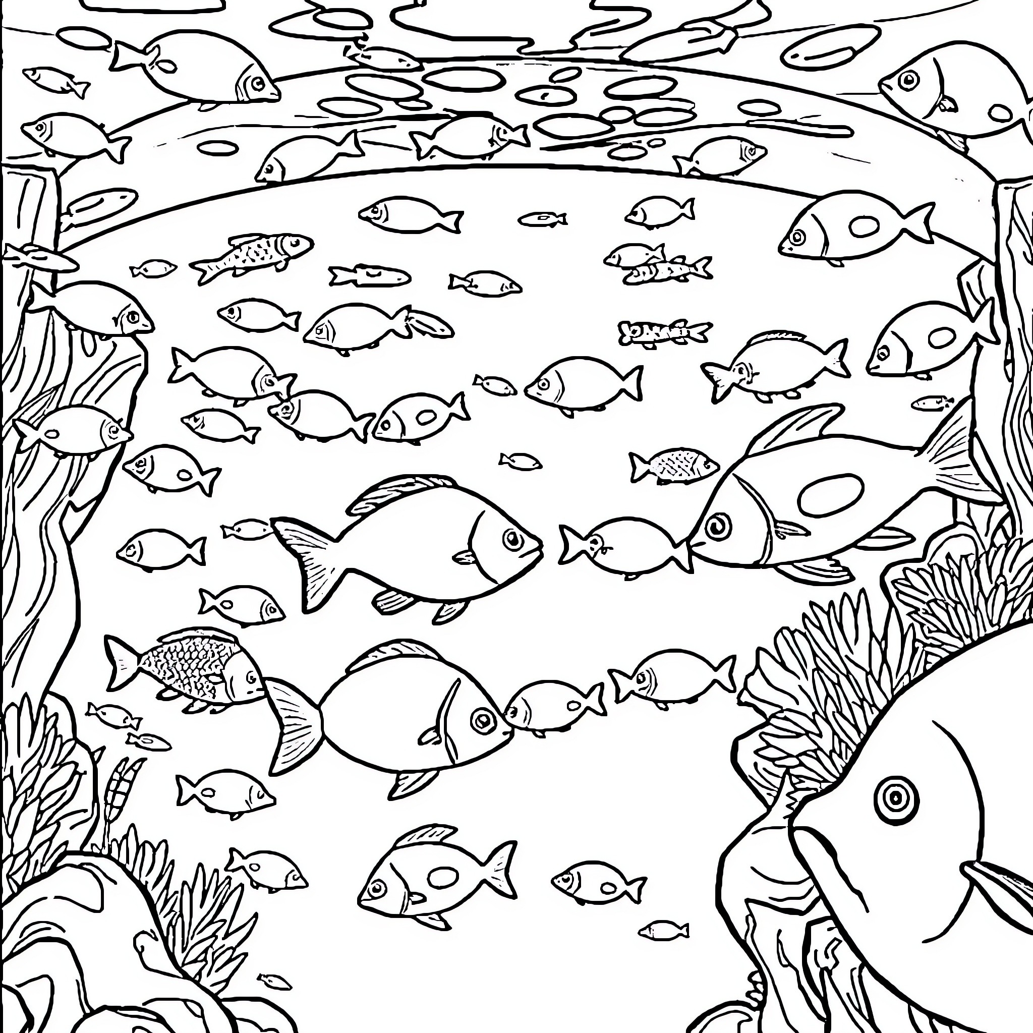 Aquarium filled with diverse marine life Coloring Page (free black-and-white line drawing printable PDF for all, from beginners to advanced learners, including children, teens, adults, and seniors)