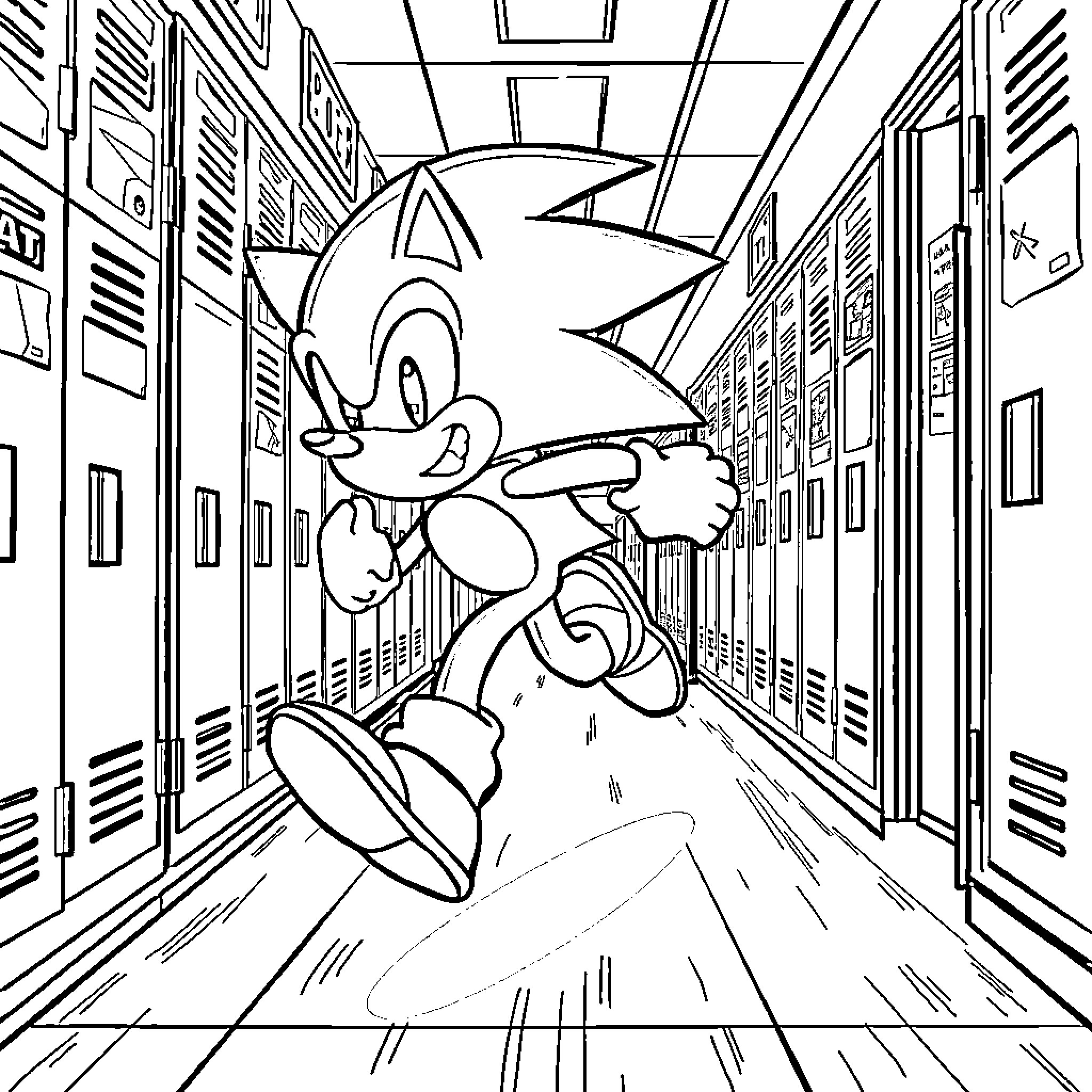 Sonic Dashing Through the School Hallway Coloring Page (free black-and-white line drawing printable PDF for all, from beginners to advanced learners, including children, teens, adults, and seniors)