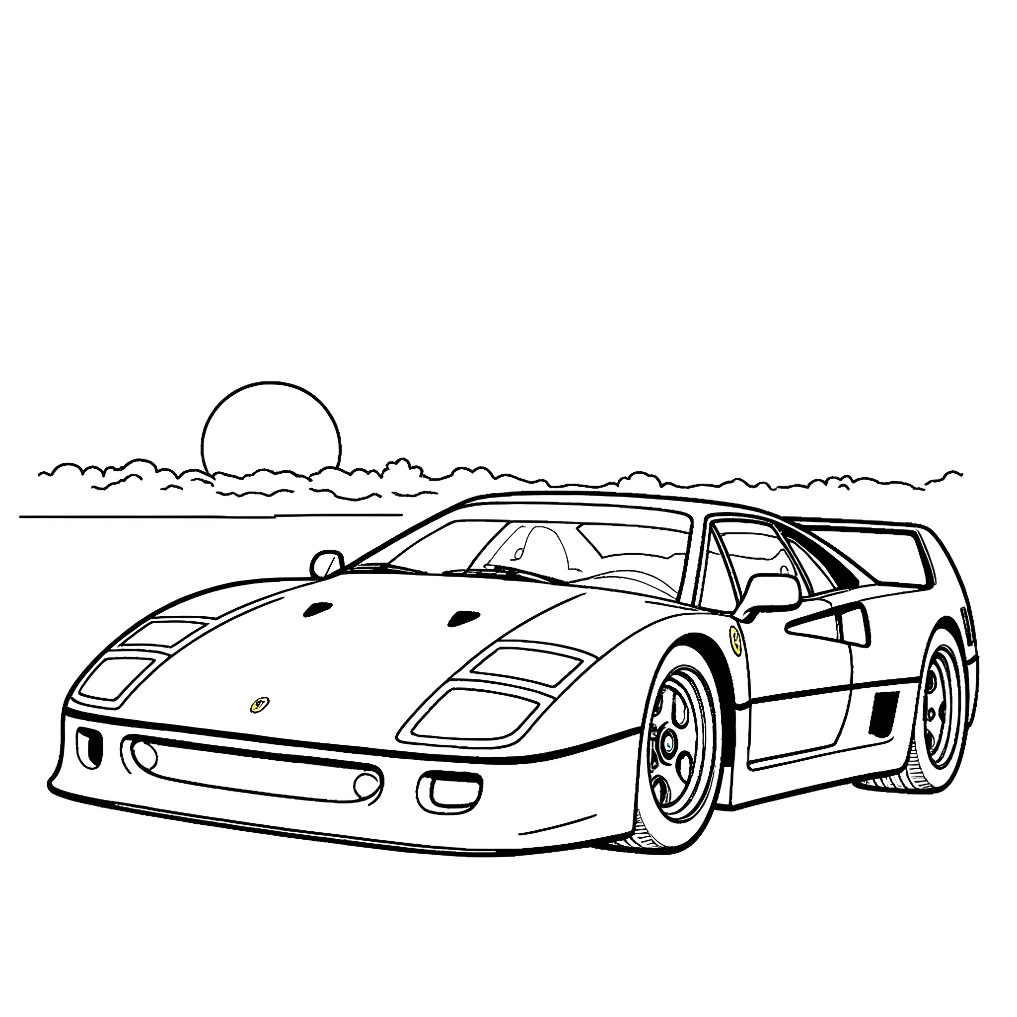 Ferrari sports car on a race track Coloring Page (free black-and-white line drawing printable PDF for all, from beginners to advanced learners, including children, teens, adults, and seniors)