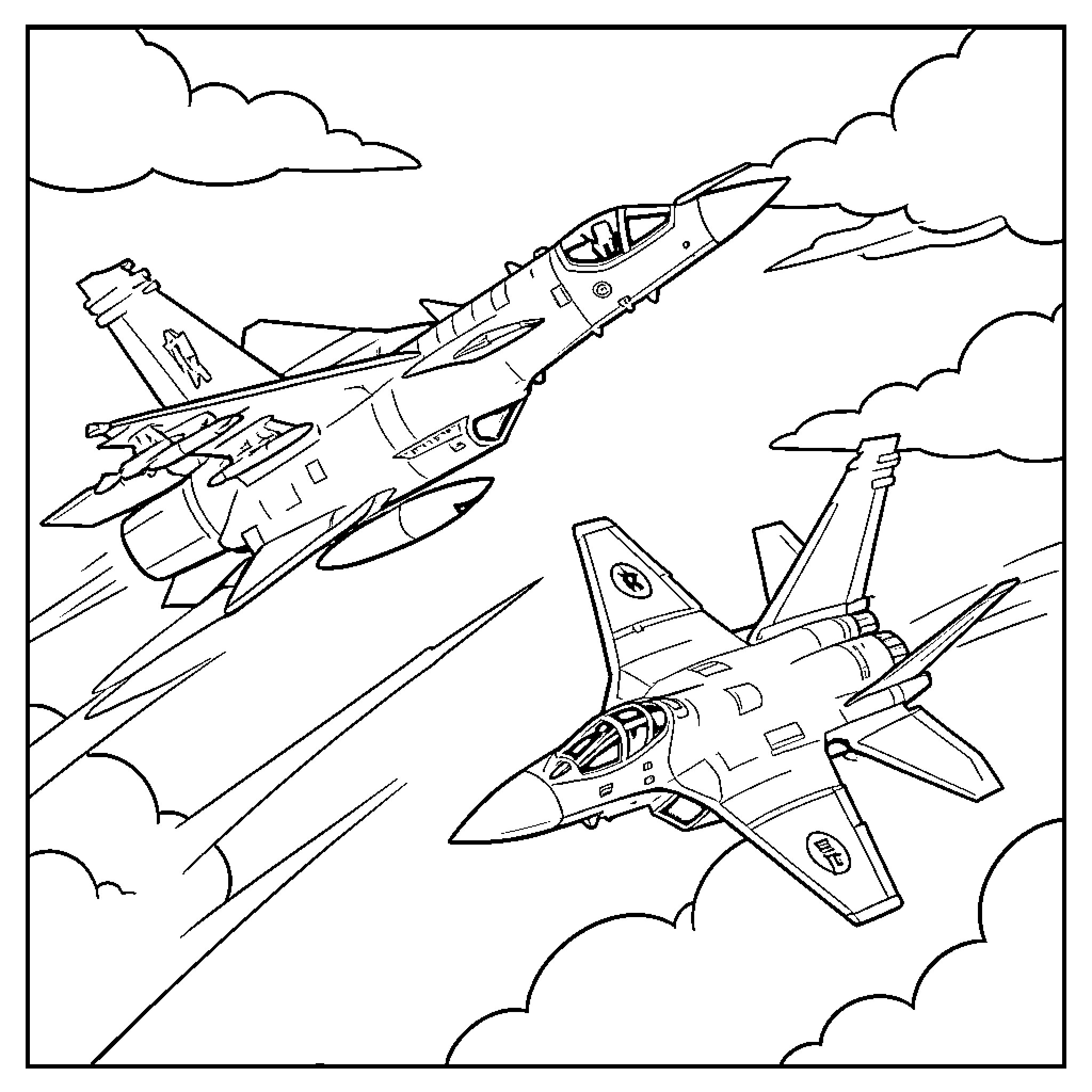 Fighter Jet flying through the clouds in formation Coloring Page (free black-and-white line drawing printable PDF for all, from beginners to advanced learners, including children, teens, adults, and seniors)