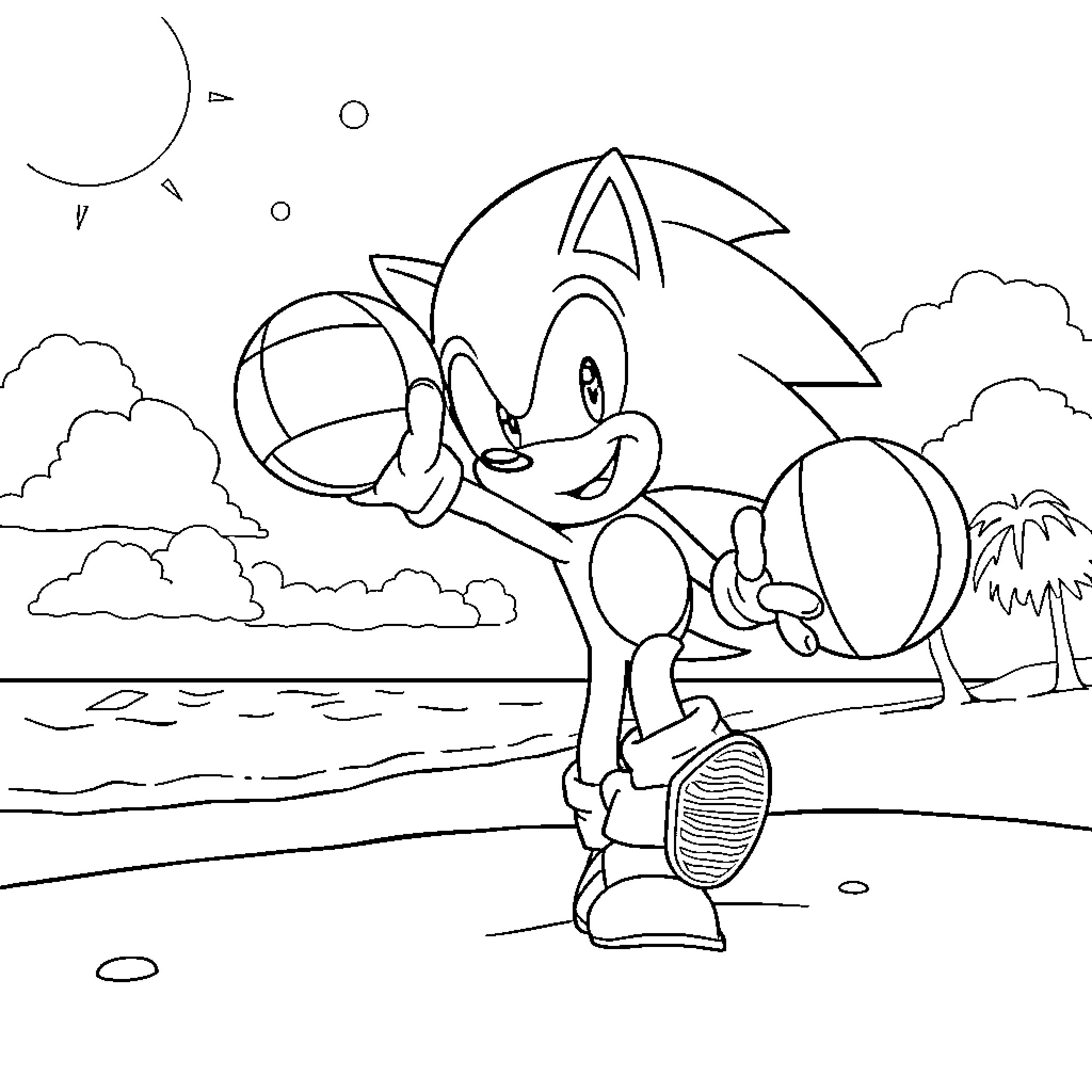 Sonic running happily on the beach Coloring Page (free black-and-white line drawing printable PDF for all, from beginners to advanced learners, including children, teens, adults, and seniors)