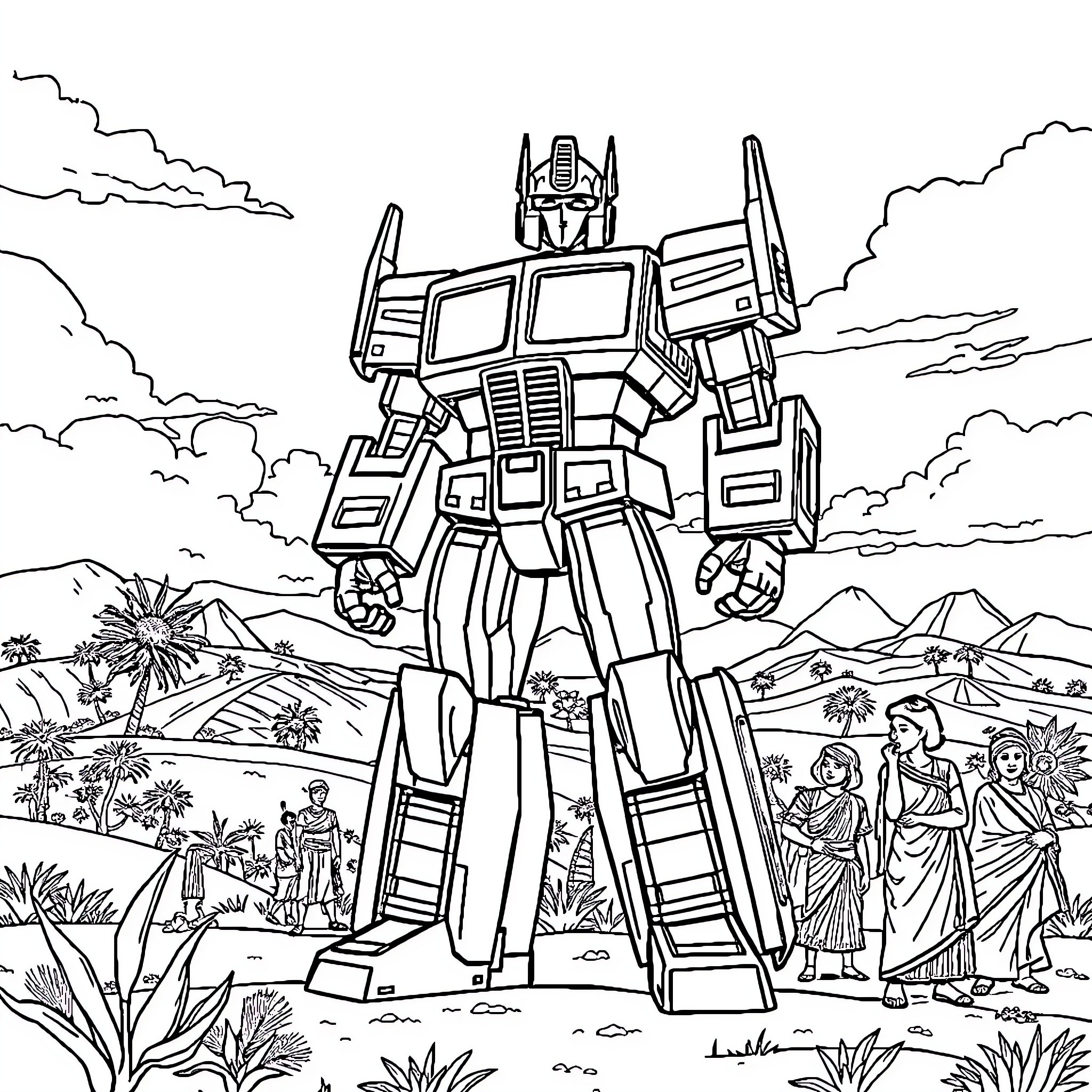 Optimus Prime standing tall in an exotic landscape Coloring Page (free black-and-white line drawing printable PDF for all, from beginners to advanced learners, including children, teens, adults, and seniors)
