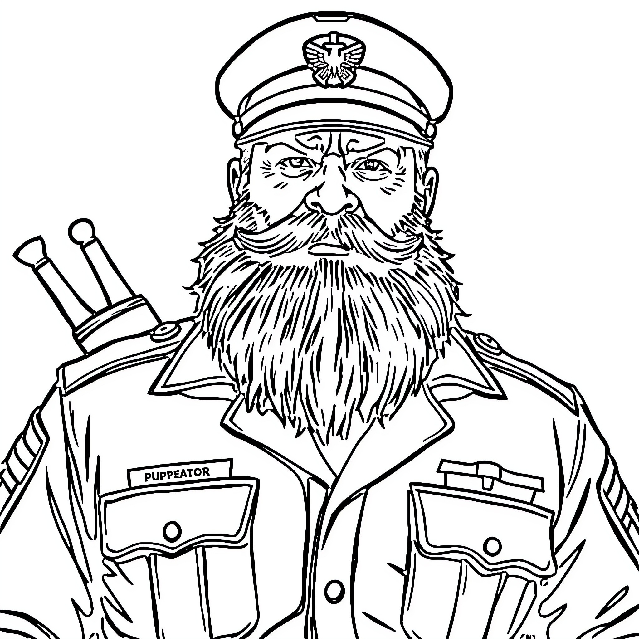 Sgt. Slaughter in Stern Military Uniform Coloring Page (free black-and-white line drawing printable PDF for all, from beginners to advanced learners, including children, teens, adults, and seniors)