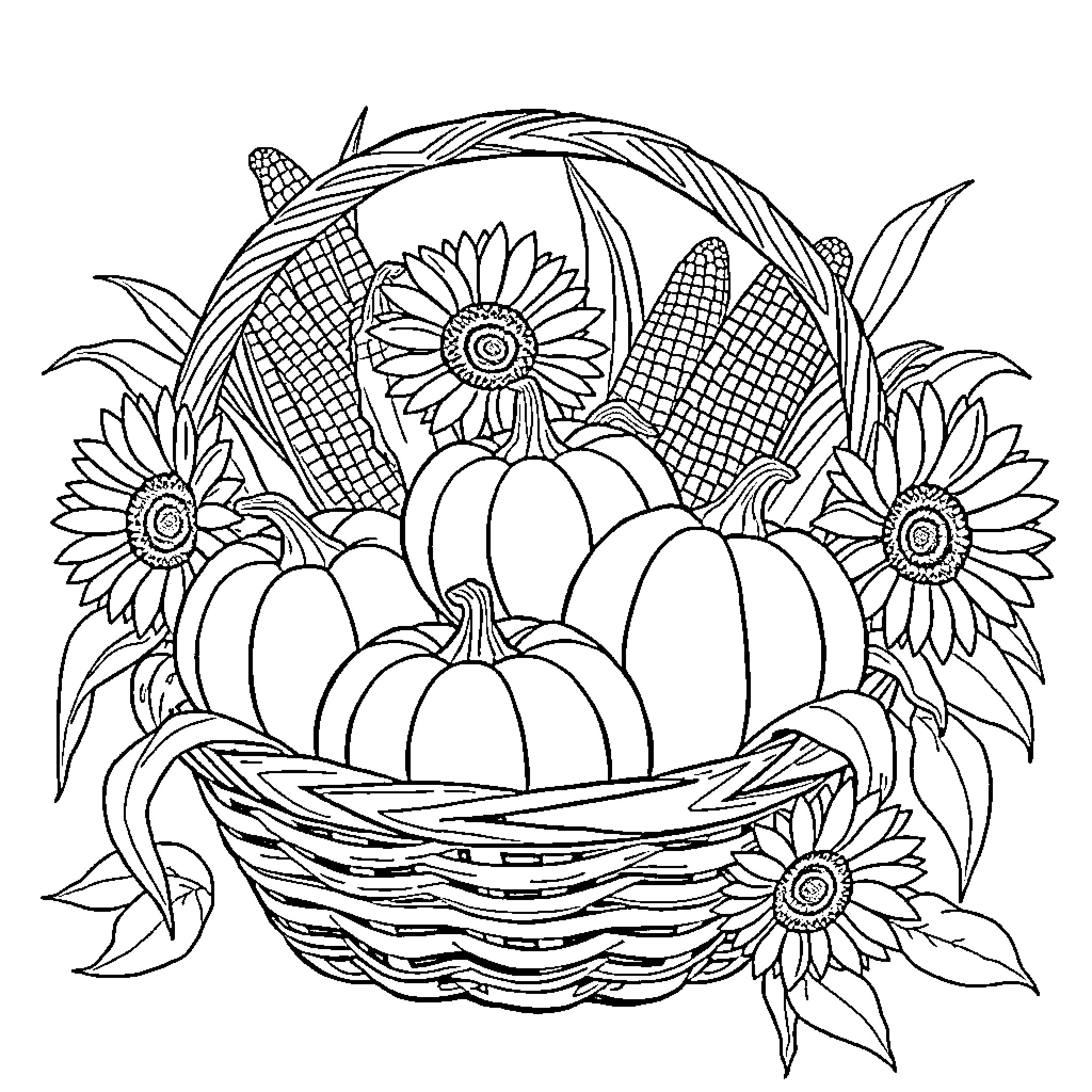 Basket of Autumn Abundance Coloring Page (free black-and-white line drawing printable PDF for all, from beginners to advanced learners, including children, teens, adults, and seniors)