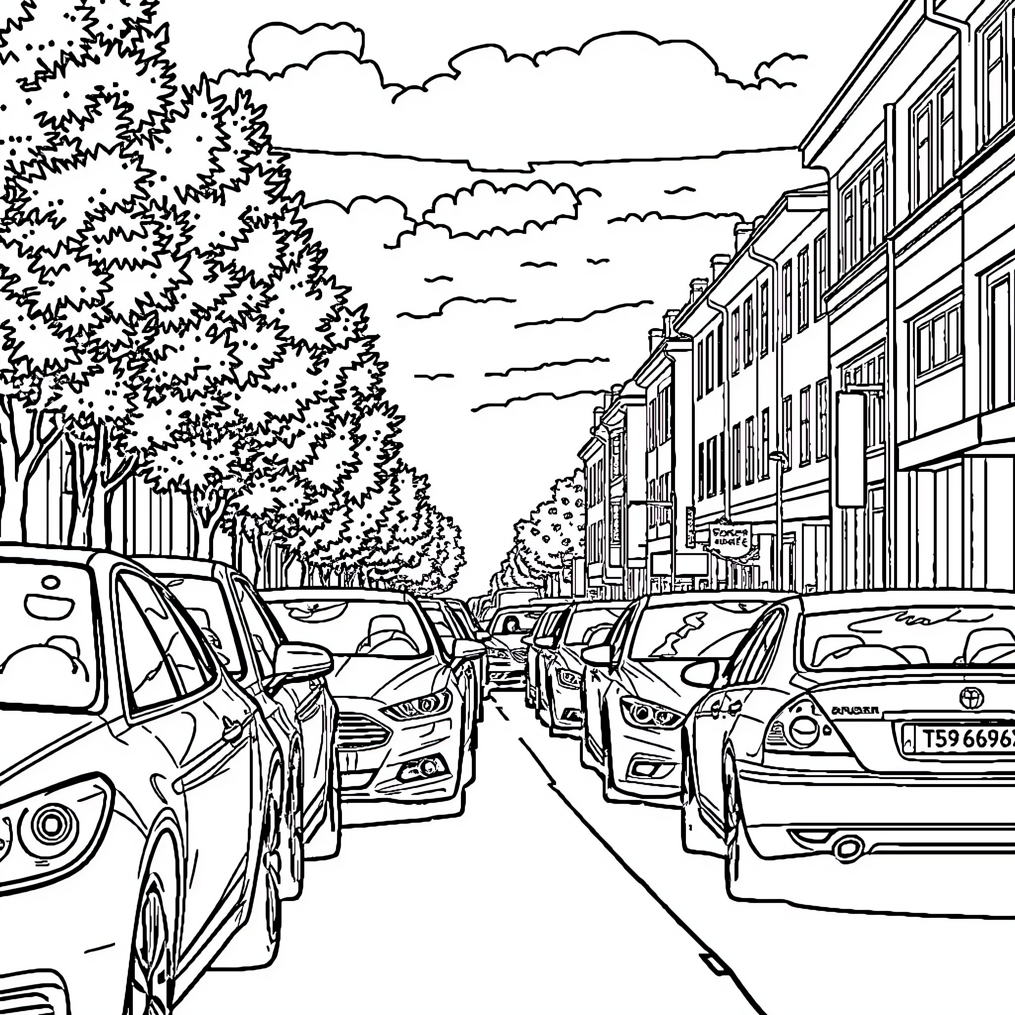 Car traffic on a city street lined with trees Coloring Page (free black-and-white line drawing printable PDF for all, from beginners to advanced learners, including children, teens, adults, and seniors)
