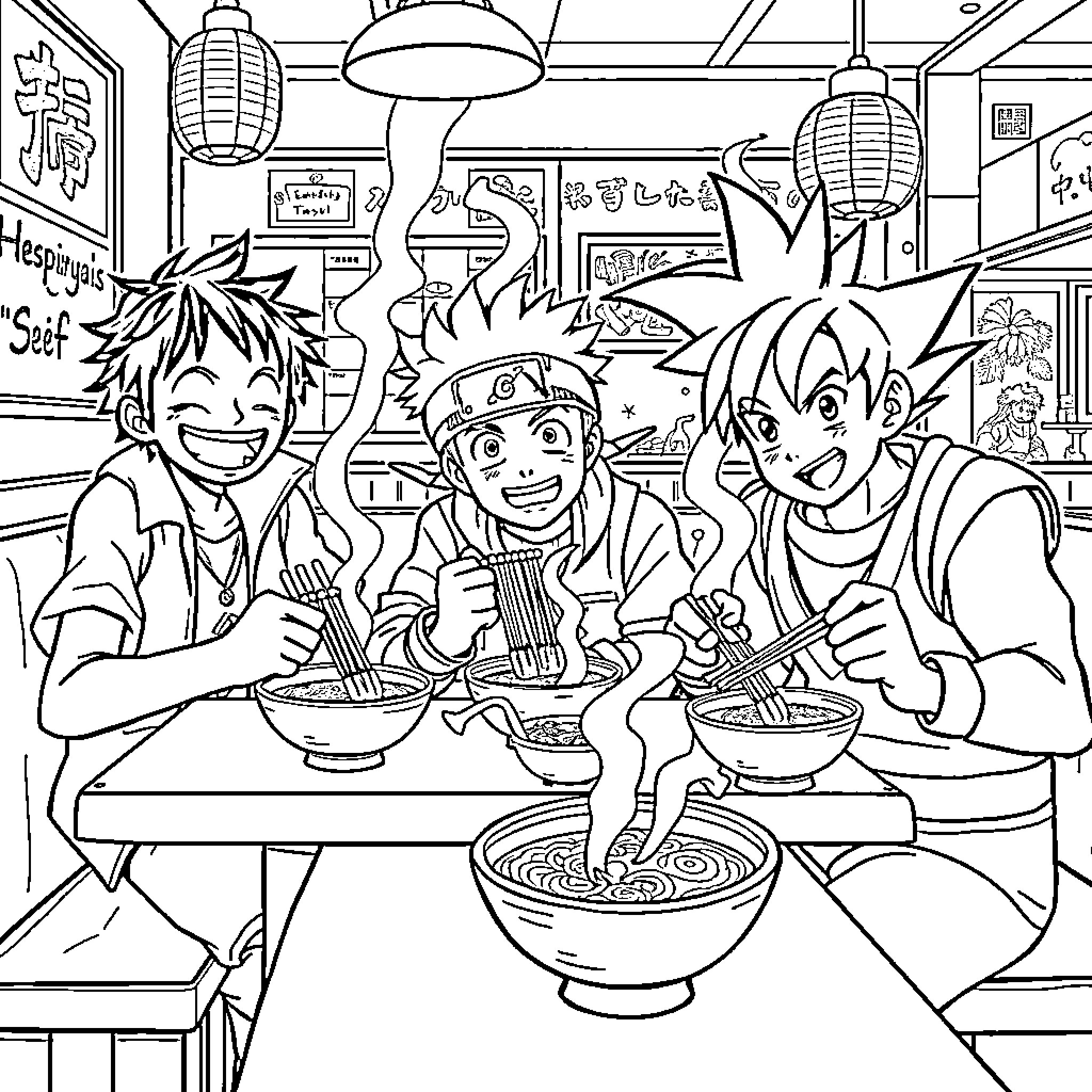 Luffy and Friends Enjoying a Lively Meal Together Coloring Page (free black-and-white line drawing printable PDF for all, from beginners to advanced learners, including children, teens, adults, and seniors)
