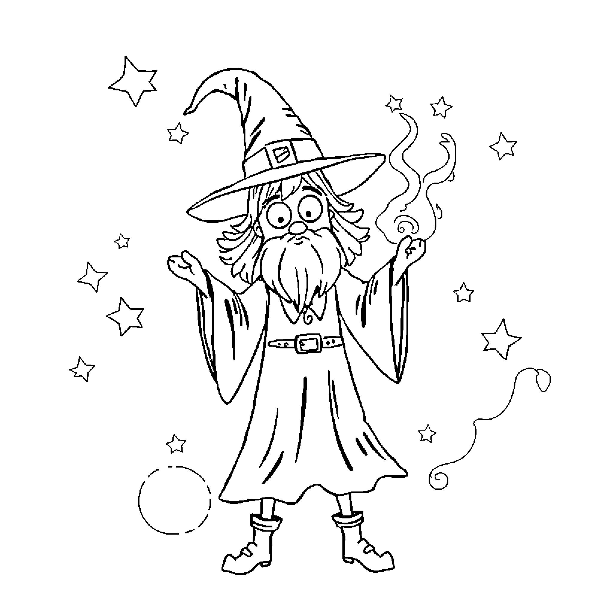 Hocus Pocus: Wizard Casting Spells Amidst Twinkling Stars Coloring Page (free black-and-white line drawing printable PDF for all, from beginners to advanced learners, including children, teens, adults, and seniors)