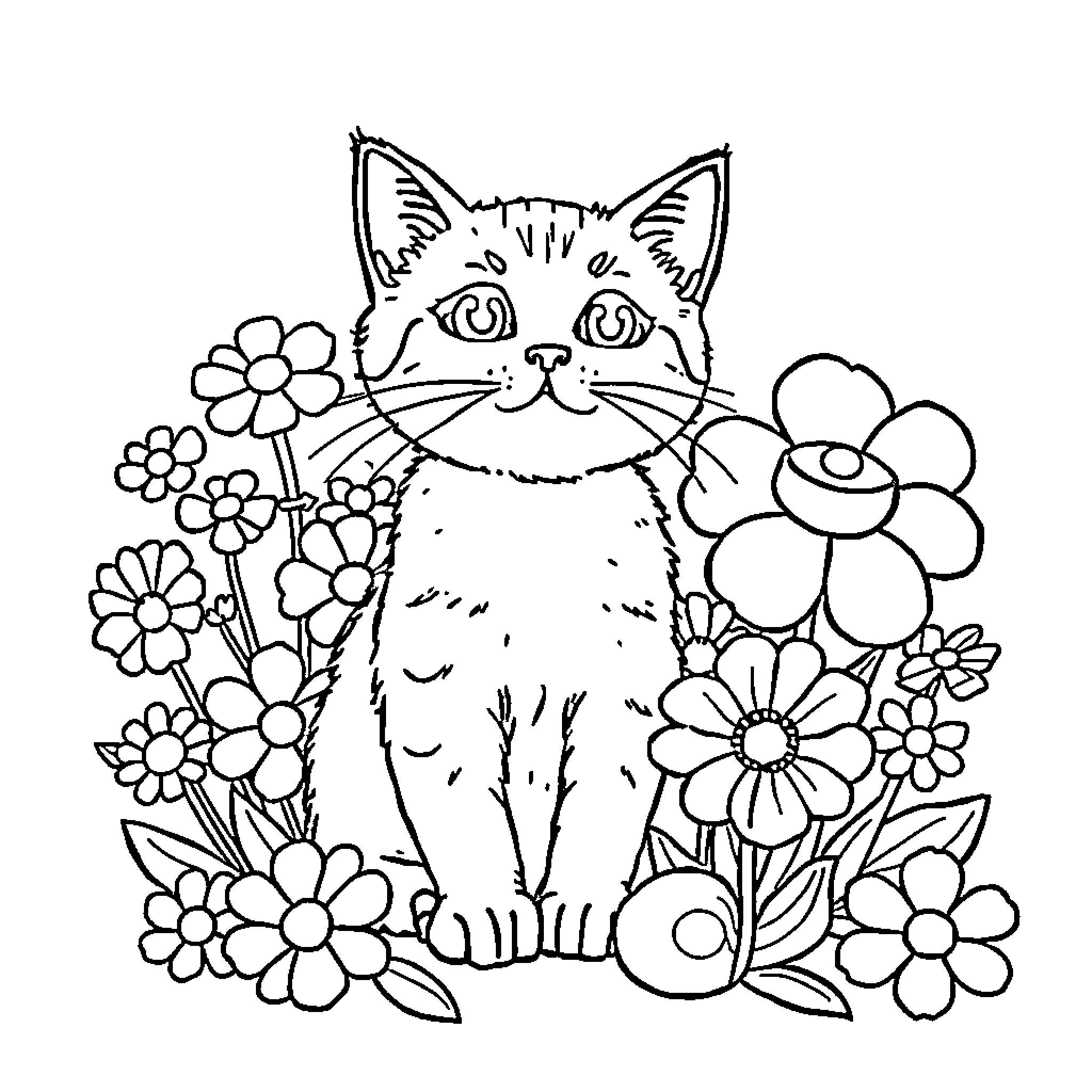 Cat sitting among colorful flowers Coloring Page (free black-and-white line drawing printable PDF for all, from beginners to advanced learners, including children, teens, adults, and seniors)