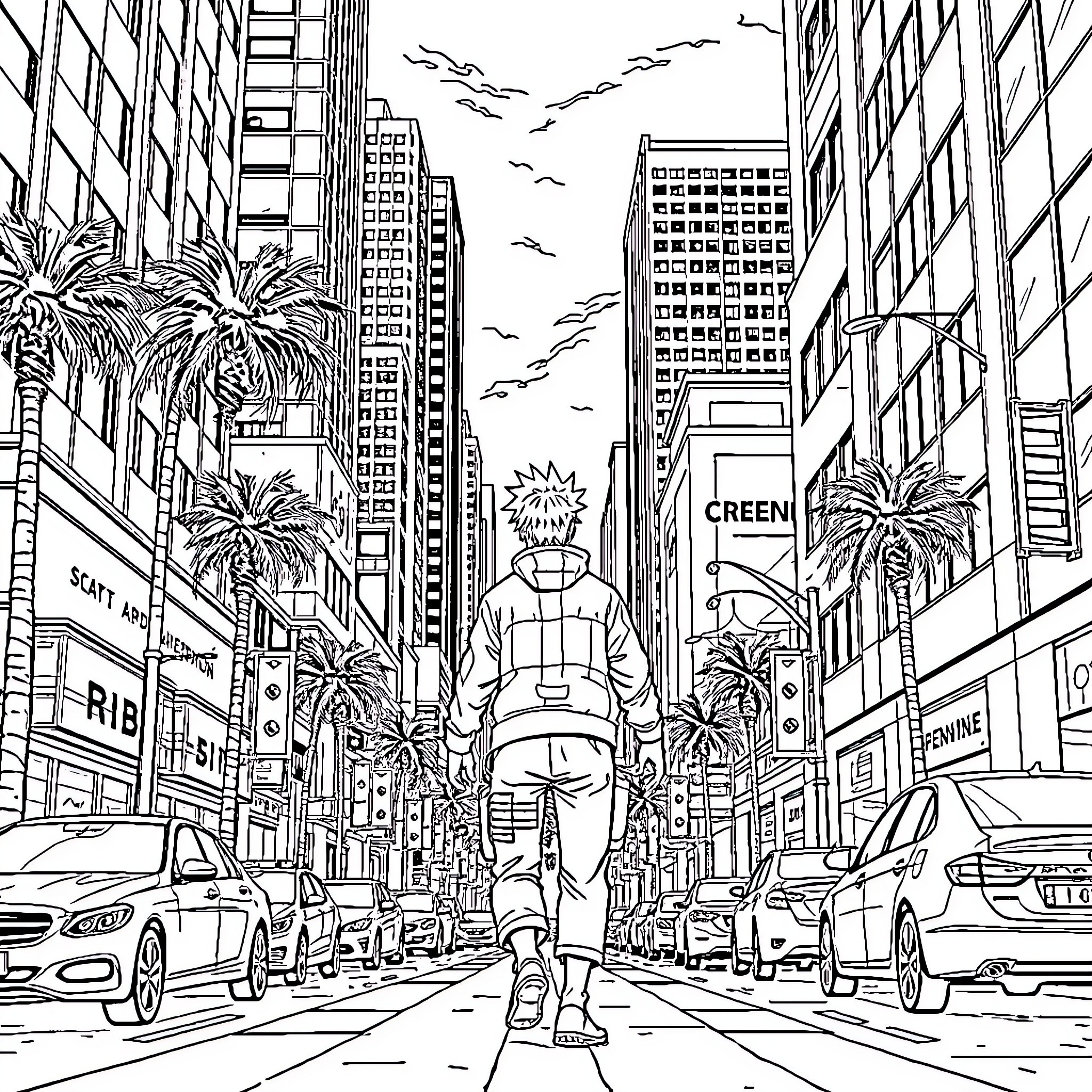 Naruto Exploring the Bustling City Streets Coloring Page (free black-and-white line drawing printable PDF for all, from beginners to advanced learners, including children, teens, adults, and seniors)