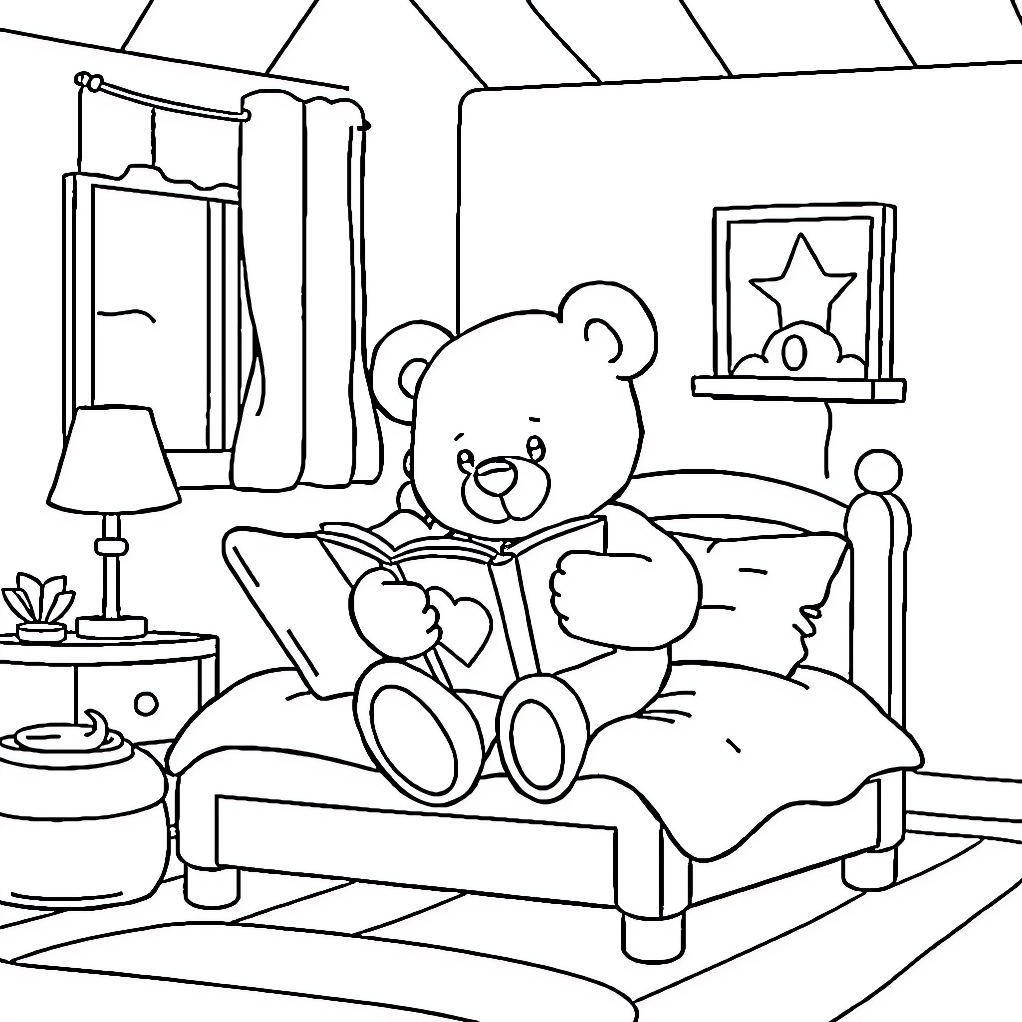 Teddy Bear reading a book on the bed Coloring Page (free black-and-white line drawing printable PDF for all, from beginners to advanced learners, including children, teens, adults, and seniors)