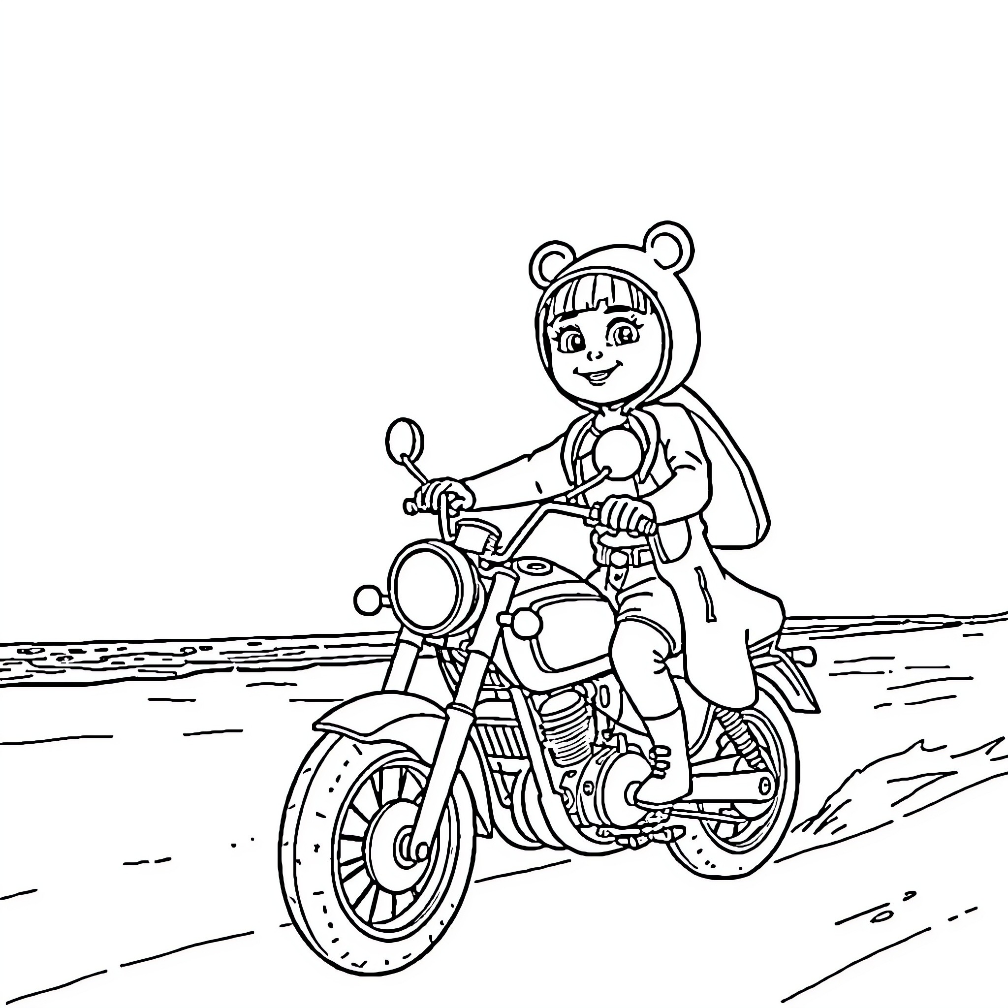 Masha riding a motorcycle on the road Coloring Page (free black-and-white line drawing printable PDF for all, from beginners to advanced learners, including children, teens, adults, and seniors)