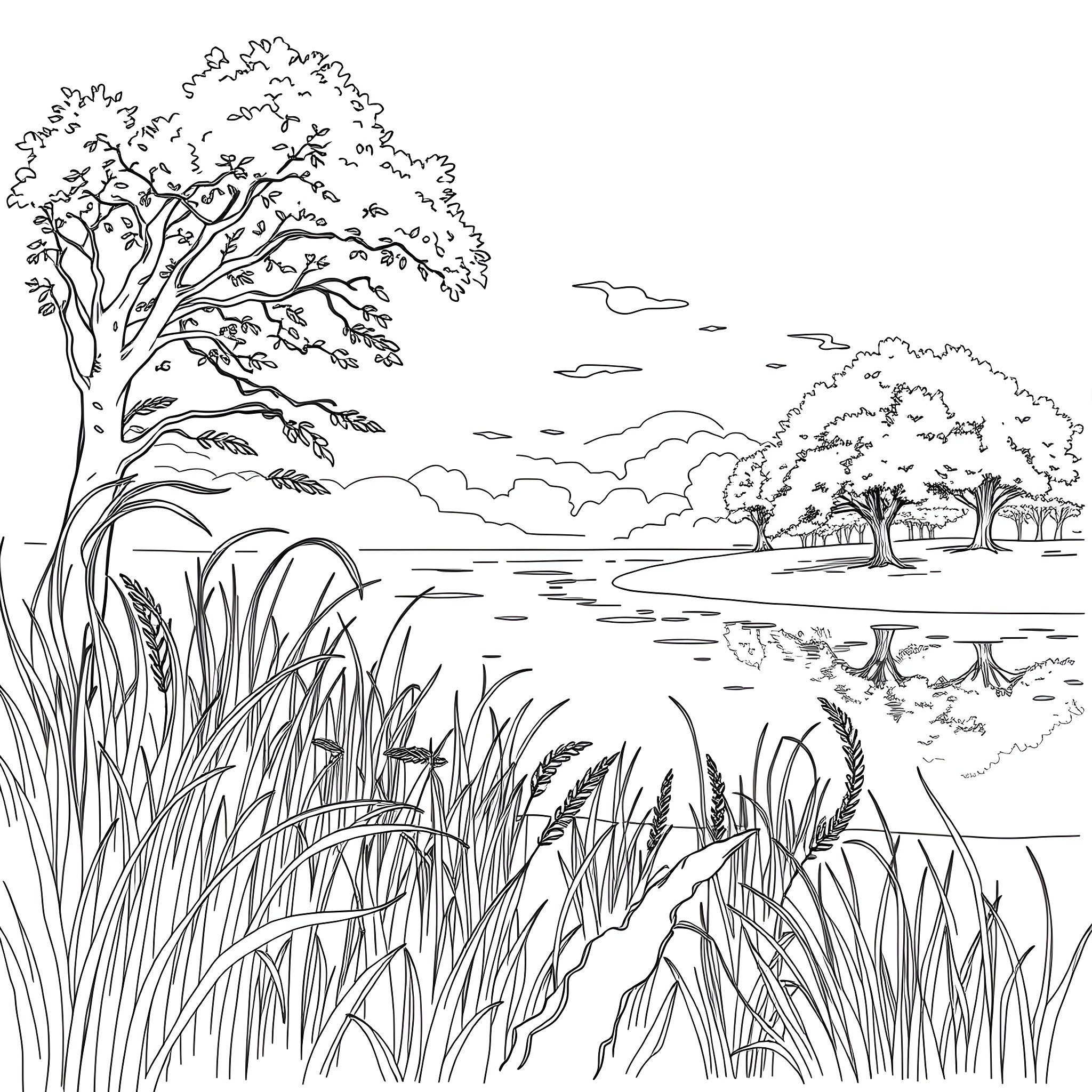 Outdoor Scenic Landscape with Trees and Reflective Lake Coloring Page (free black-and-white line drawing printable PDF for all, from beginners to advanced learners, including children, teens, adults, and seniors)