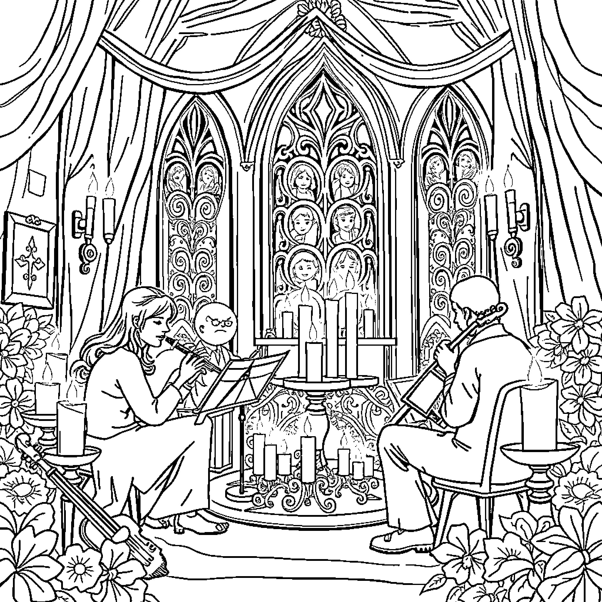 Candle-lit ritual in an ornate chapel Coloring Page (free black-and-white line drawing printable PDF for all, from beginners to advanced learners, including children, teens, adults, and seniors)