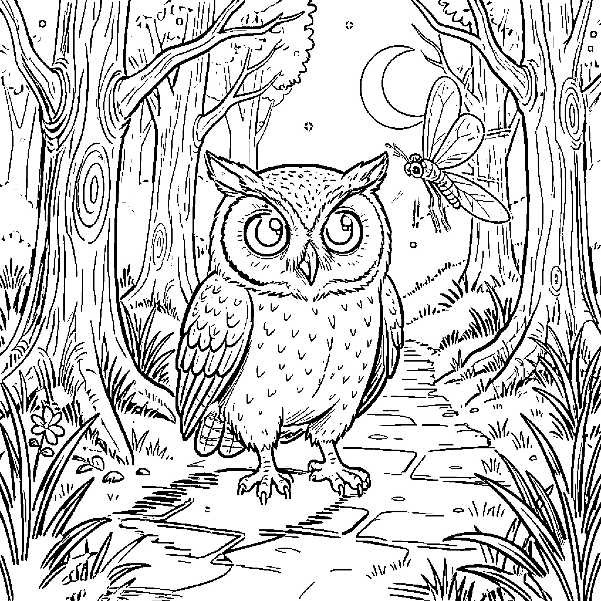 Owl observing the nighttime forest scene Coloring Page (free black-and-white line drawing printable PDF for all, from beginners to advanced learners, including children, teens, adults, and seniors)