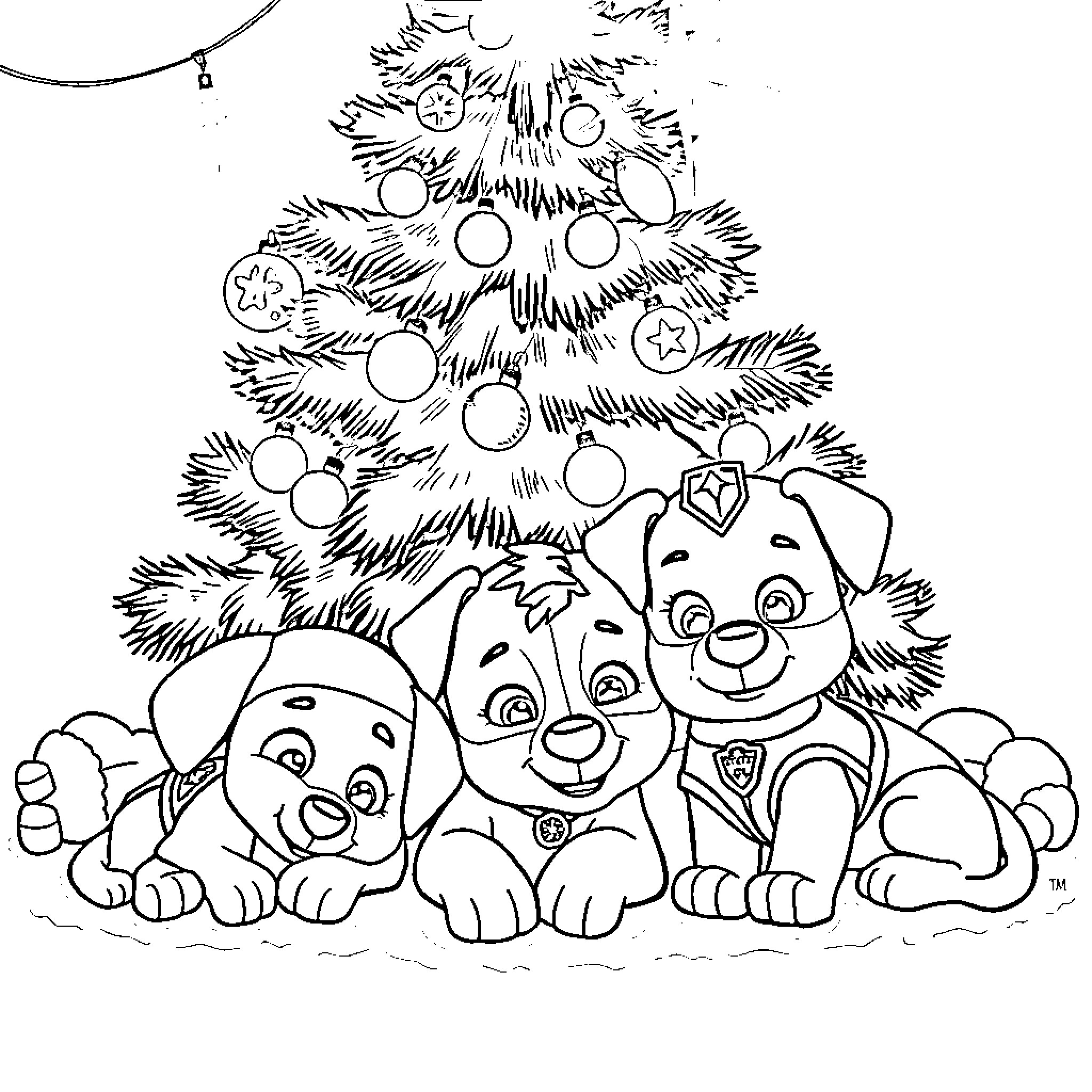 Paw Patrol Celebrating Christmas with Decorated Tree Coloring Page (free black-and-white line drawing printable PDF for all, from beginners to advanced learners, including children, teens, adults, and seniors)