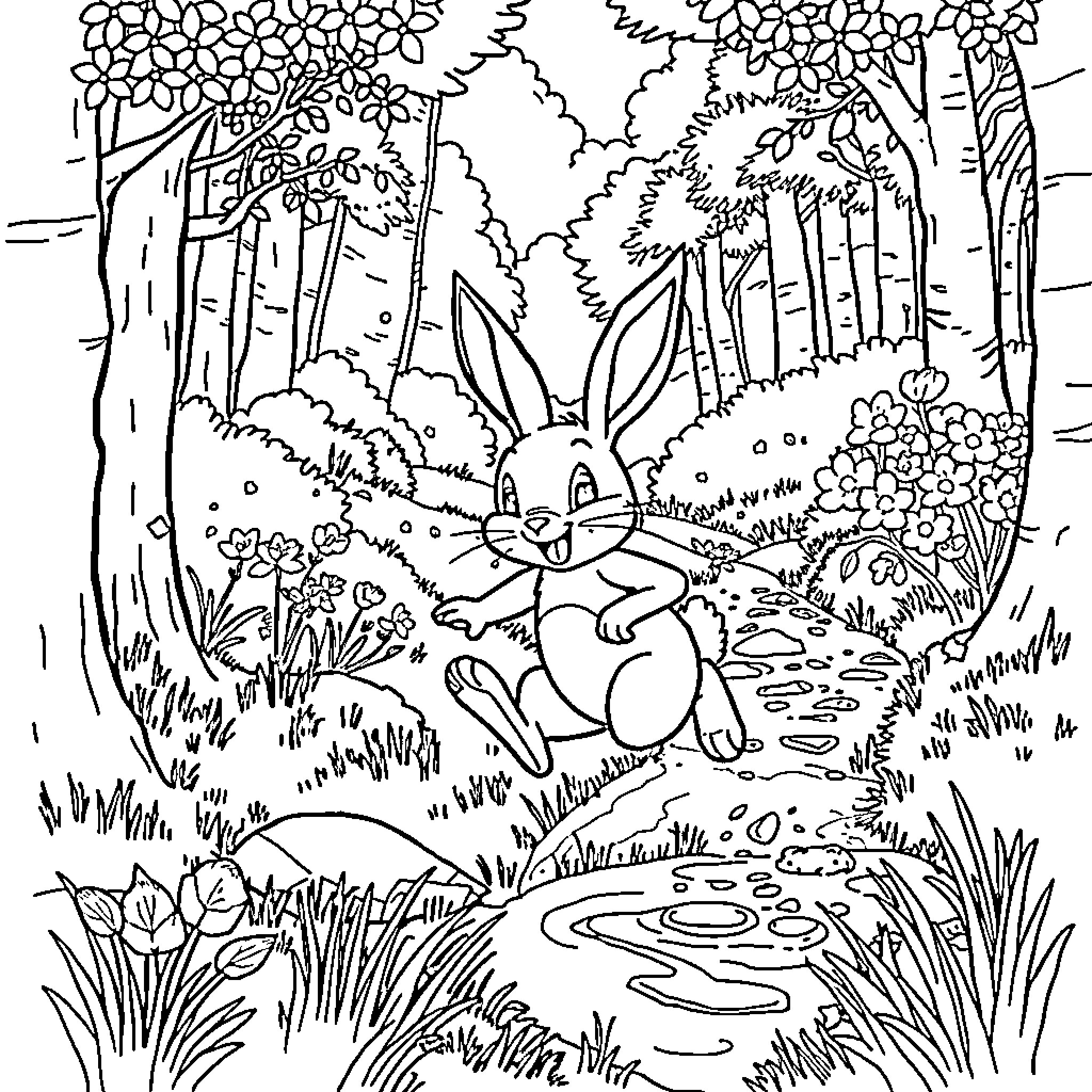 Bunny exploring the enchanted forest Coloring Page (free black-and-white line drawing printable PDF for all, from beginners to advanced learners, including children, teens, adults, and seniors)