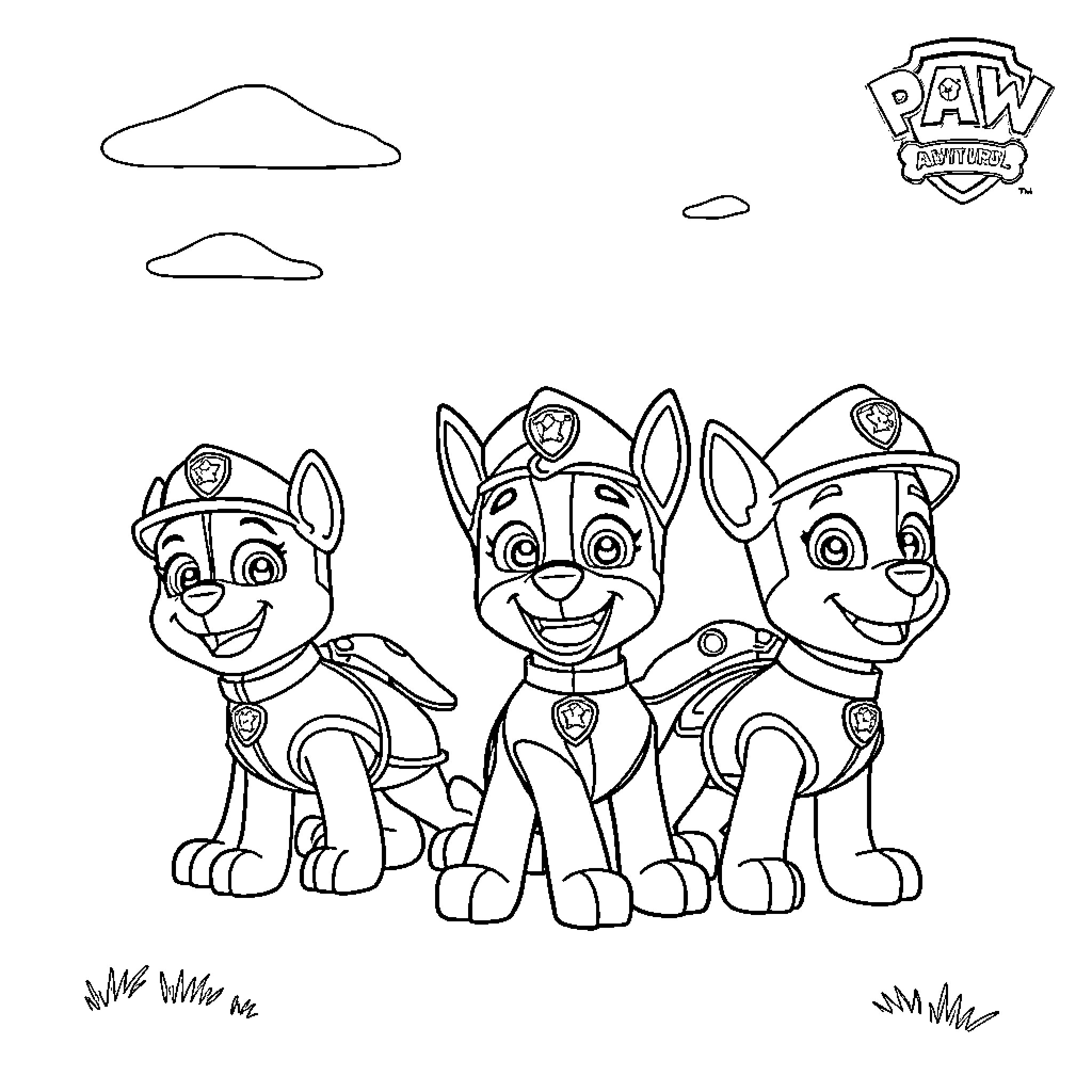 Paw Patrol pups smiling together in a group scene Coloring Page (free black-and-white line drawing printable PDF for all, from beginners to advanced learners, including children, teens, adults, and seniors)