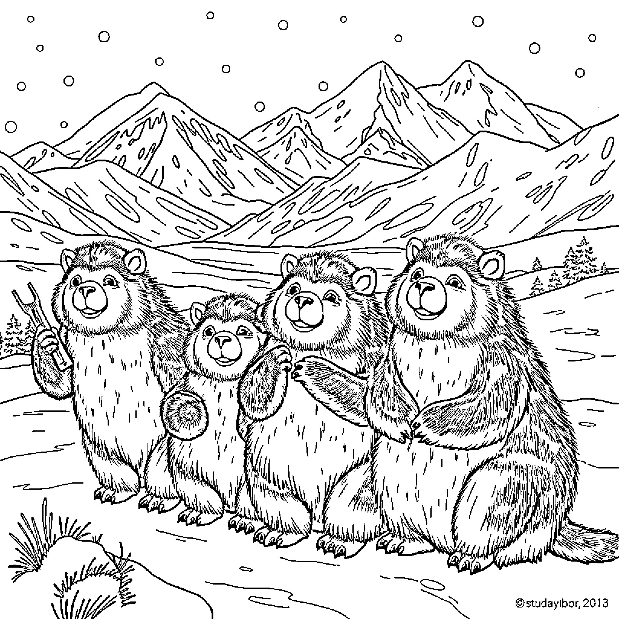 Mogwai family enjoying the snowy mountain scene Coloring Page (free black-and-white line drawing printable PDF for all, from beginners to advanced learners, including children, teens, adults, and seniors)