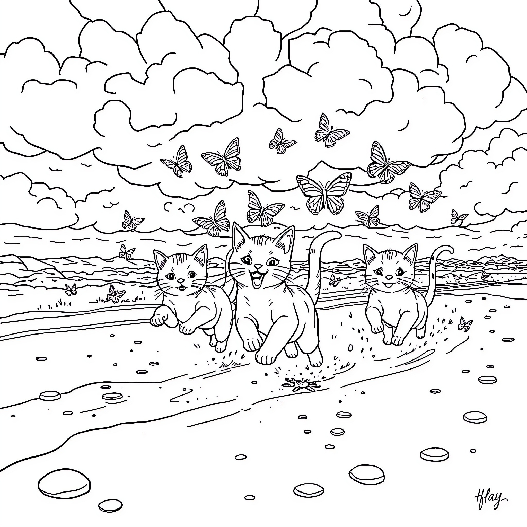 Cat kittens playing joyfully on the beach Coloring Page (free black-and-white line drawing printable PDF for all, from beginners to advanced learners, including children, teens, adults, and seniors)