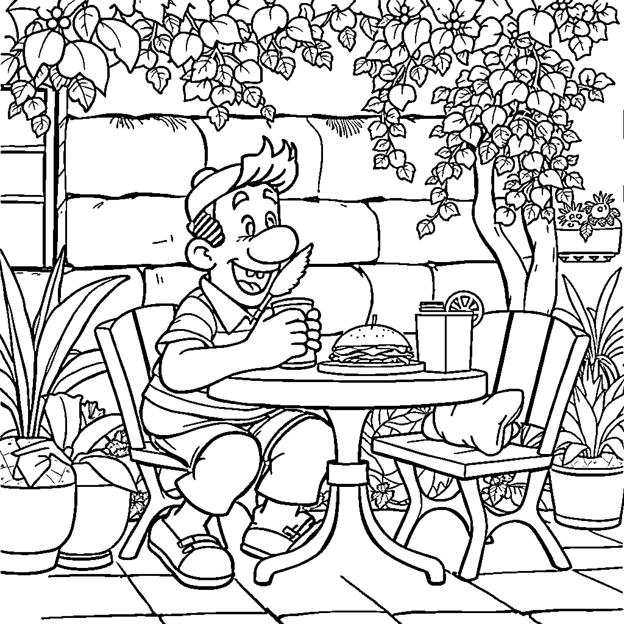 El Chavo del 8 enjoying a meal outdoors Coloring Page (free black-and-white line drawing printable PDF for all, from beginners to advanced learners, including children, teens, adults, and seniors)