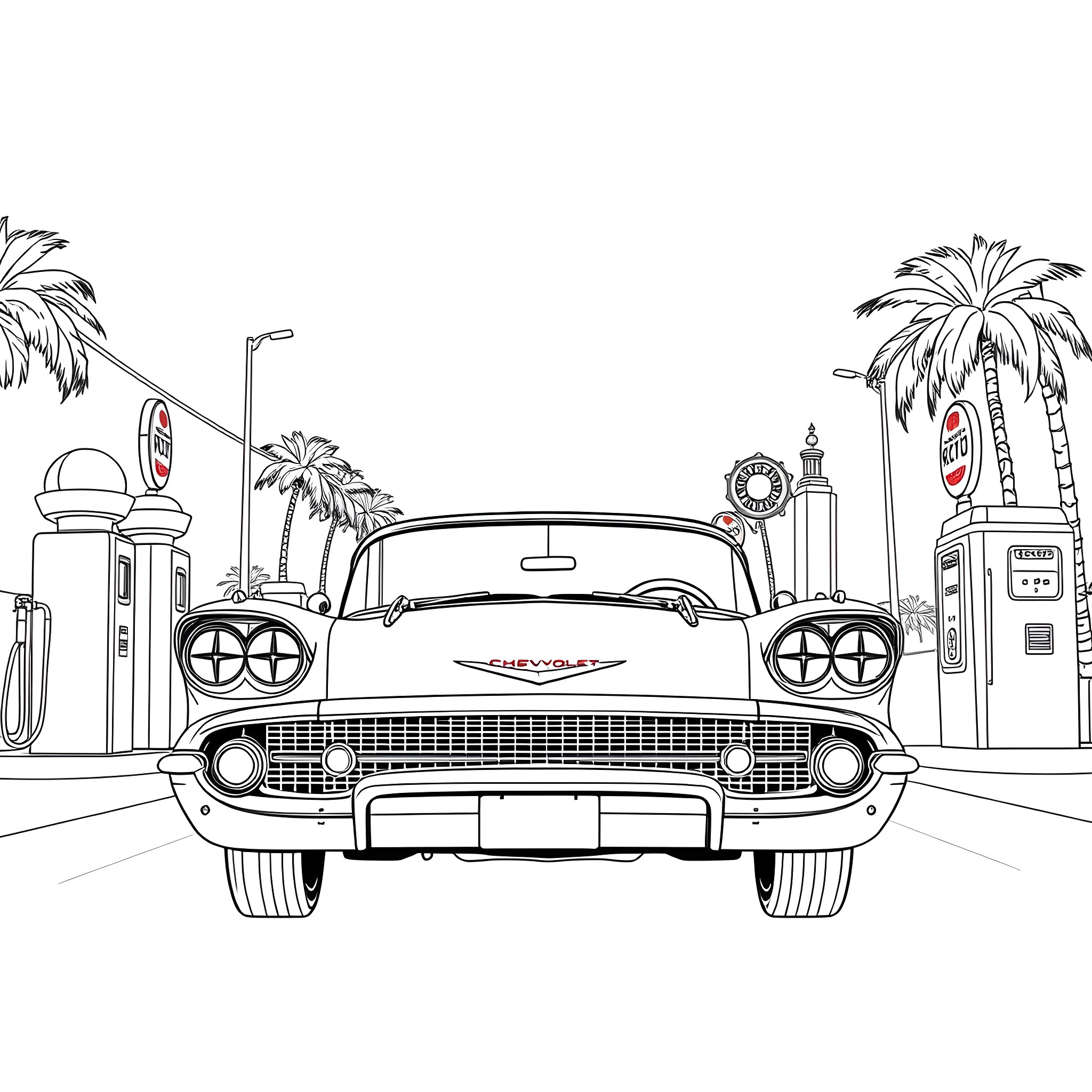 Chevrolet classic car in a retro city scene Coloring Page (free black-and-white line drawing printable PDF for all, from beginners to advanced learners, including children, teens, adults, and seniors)