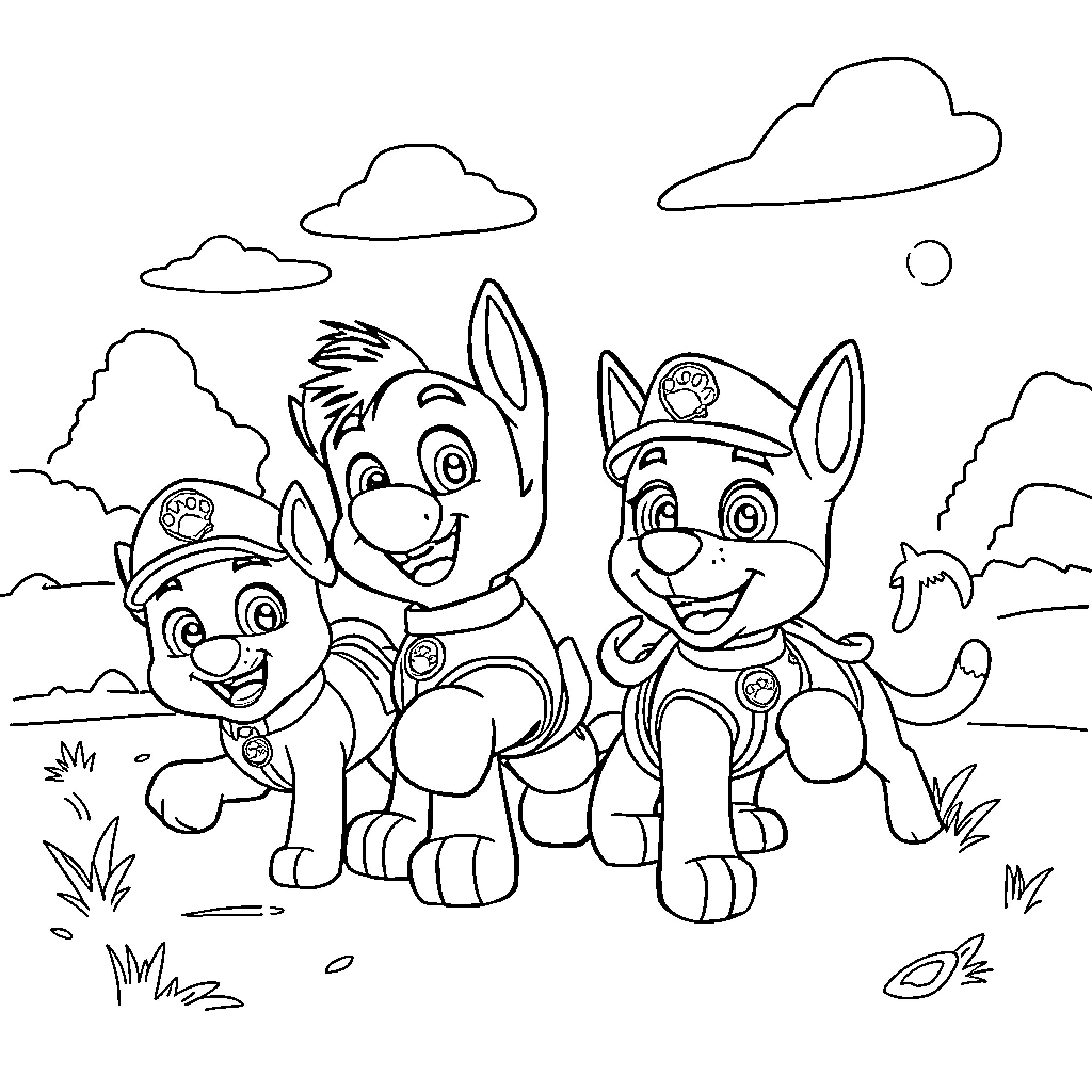 Paw Patrol Pups Exploring the Outdoors Coloring Page (free black-and-white line drawing printable PDF for all, from beginners to advanced learners, including children, teens, adults, and seniors)