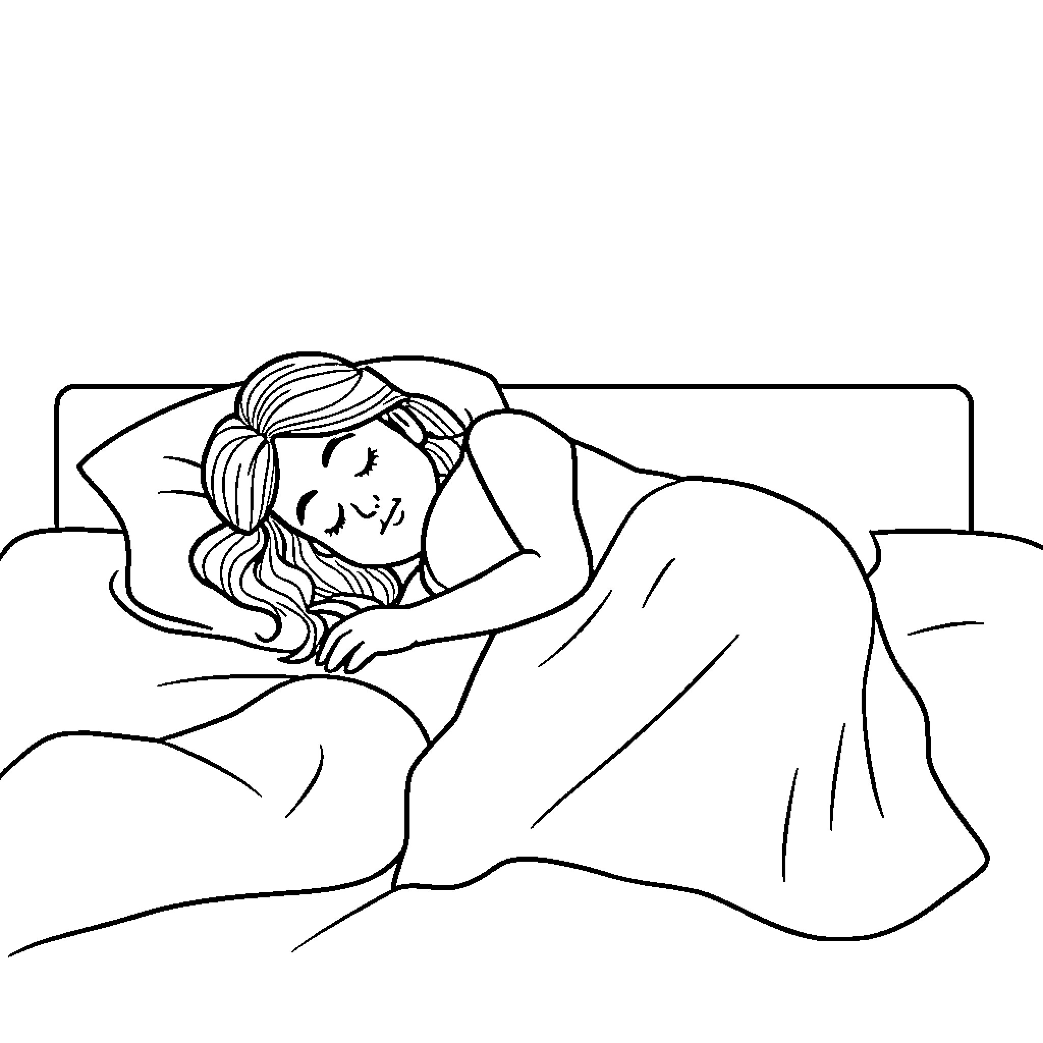 Woman resting peacefully on the bed Coloring Page (free black-and-white line drawing printable PDF for all, from beginners to advanced learners, including children, teens, adults, and seniors)