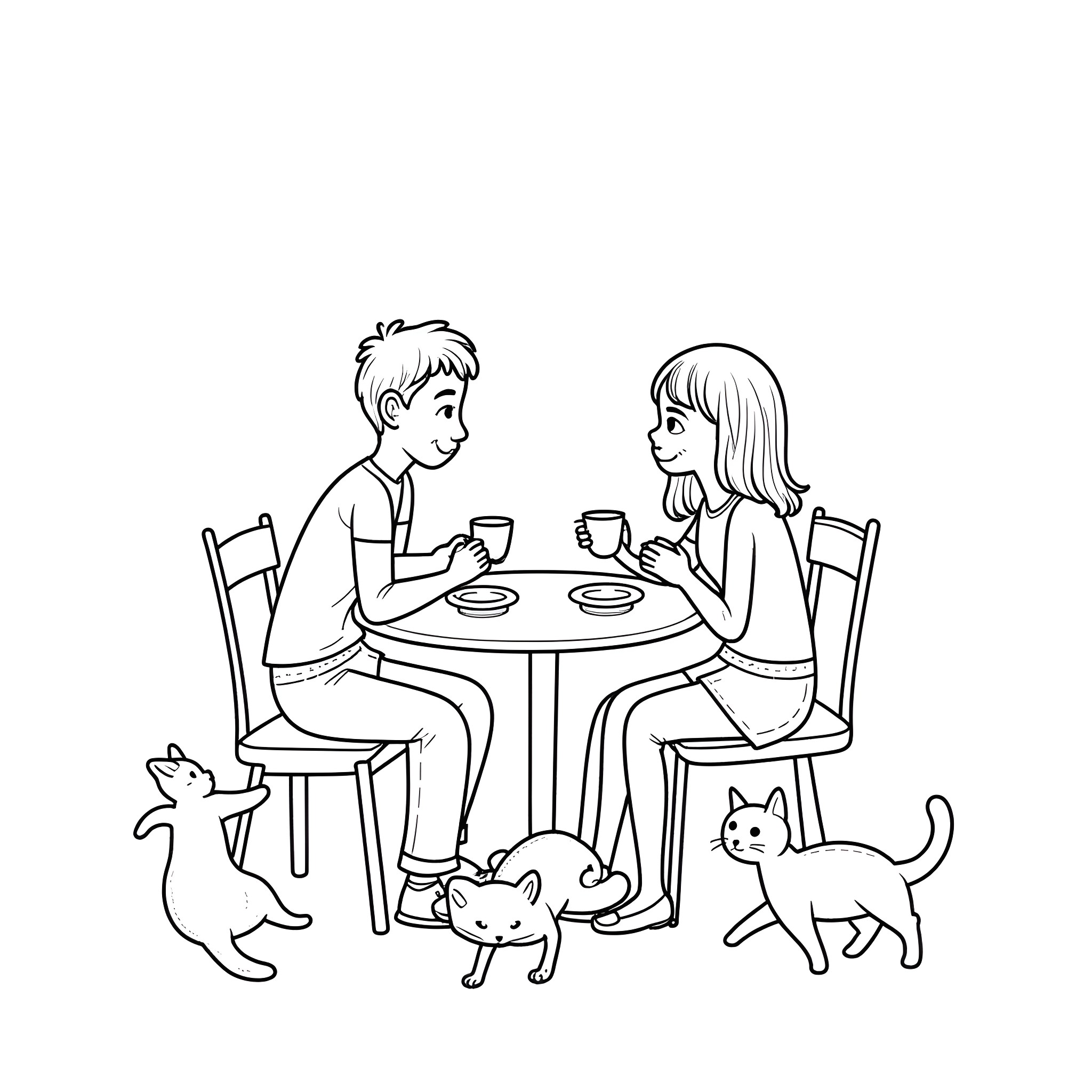 Cat companions join friends at a cozy table Coloring Page (free black-and-white line drawing printable PDF for all, from beginners to advanced learners, including children, teens, adults, and seniors)