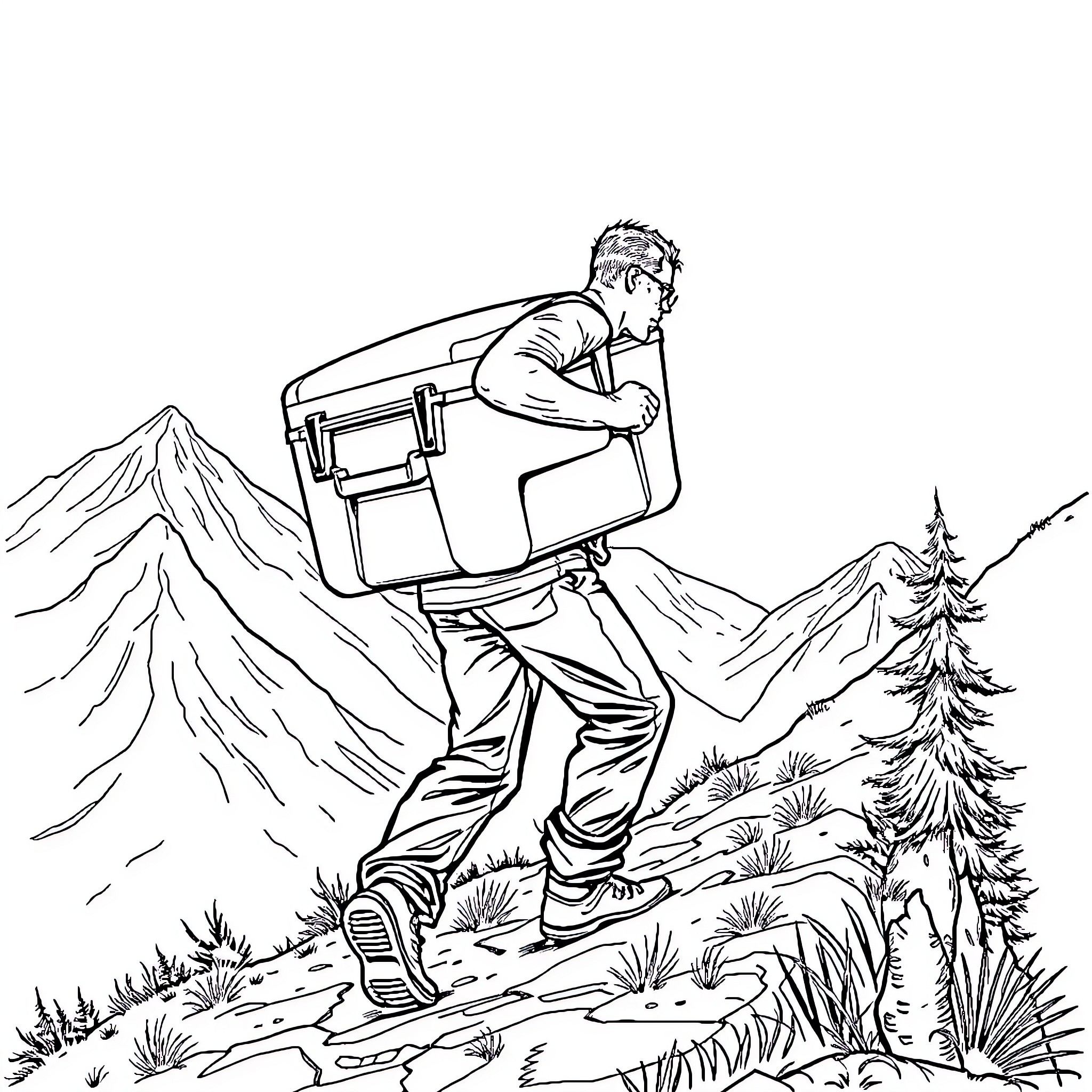 Man hiking with gear in the mountains Coloring Page (free black-and-white line drawing printable PDF for all, from beginners to advanced learners, including children, teens, adults, and seniors)