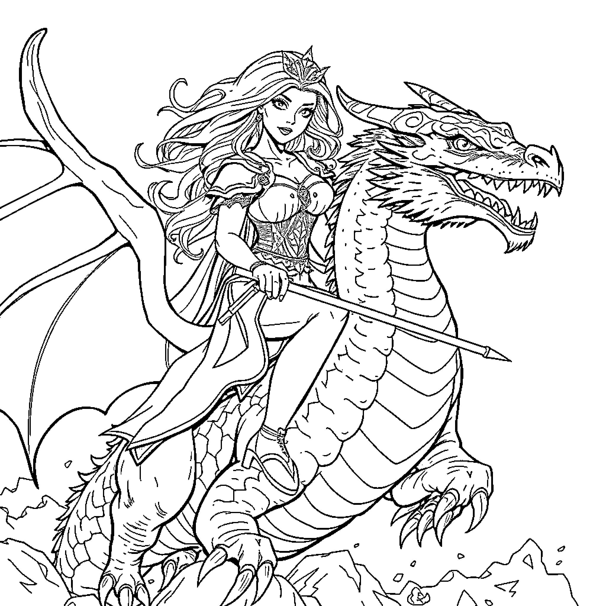 Queen Riding Majestic Dragon with Determination Coloring Page (free black-and-white line drawing printable PDF for all, from beginners to advanced learners, including children, teens, adults, and seniors)