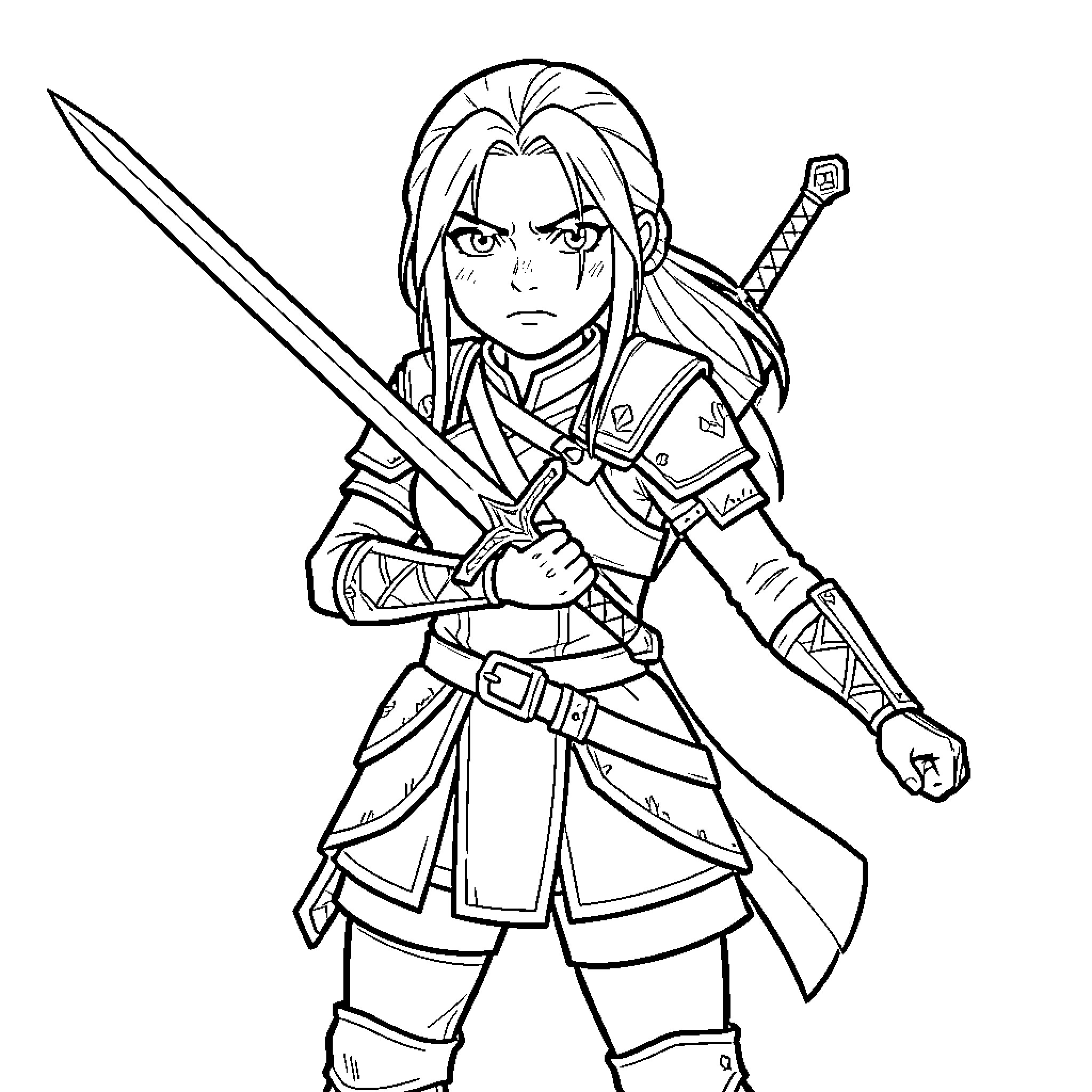 Ciri holding a sword with a determined expression Coloring Page (free black-and-white line drawing printable PDF for all, from beginners to advanced learners, including children, teens, adults, and seniors)