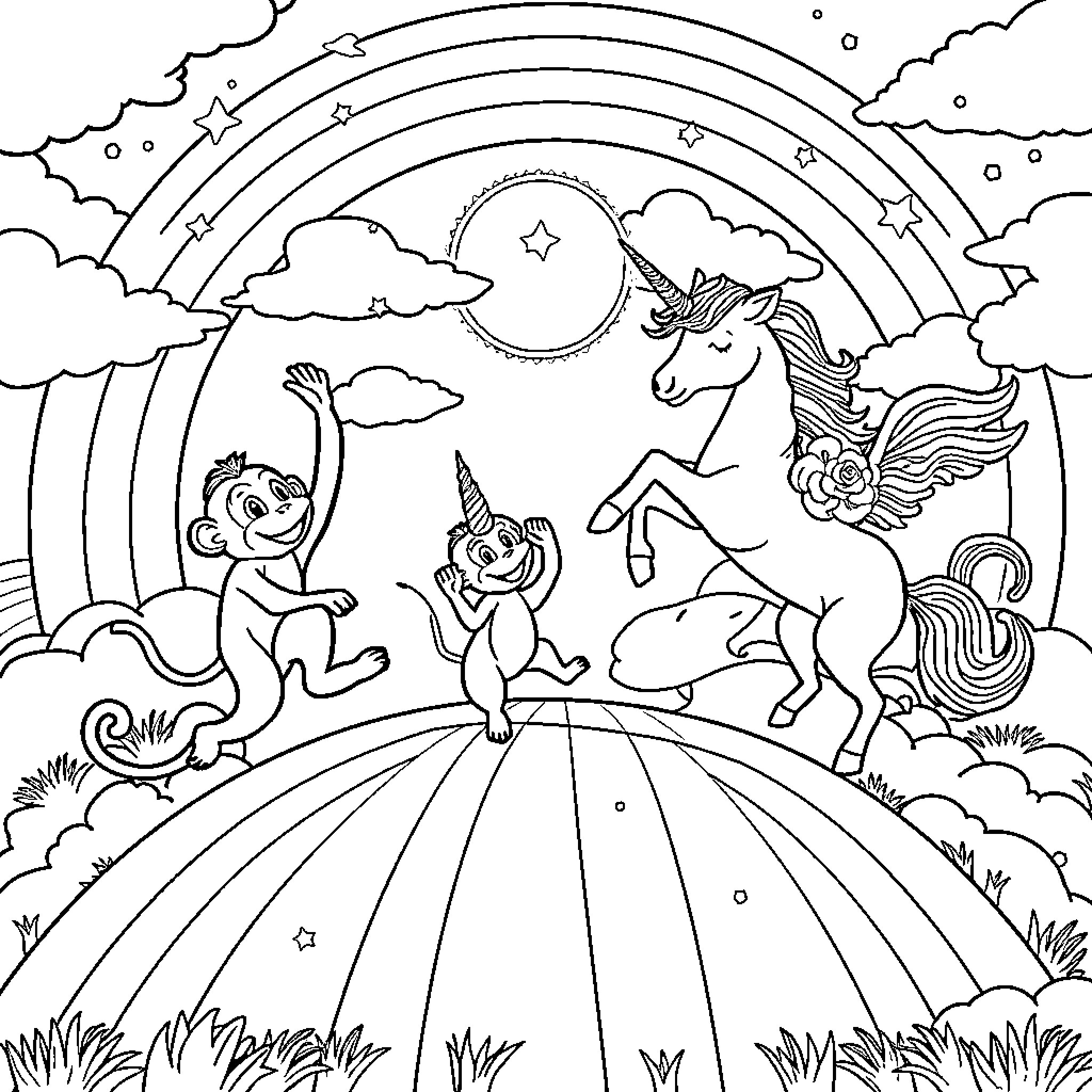 Monkeys playing joyfully with magical unicorn in enchanted meadow Coloring Page (free black-and-white line drawing printable PDF for all, from beginners to advanced learners, including children, teens, adults, and seniors)