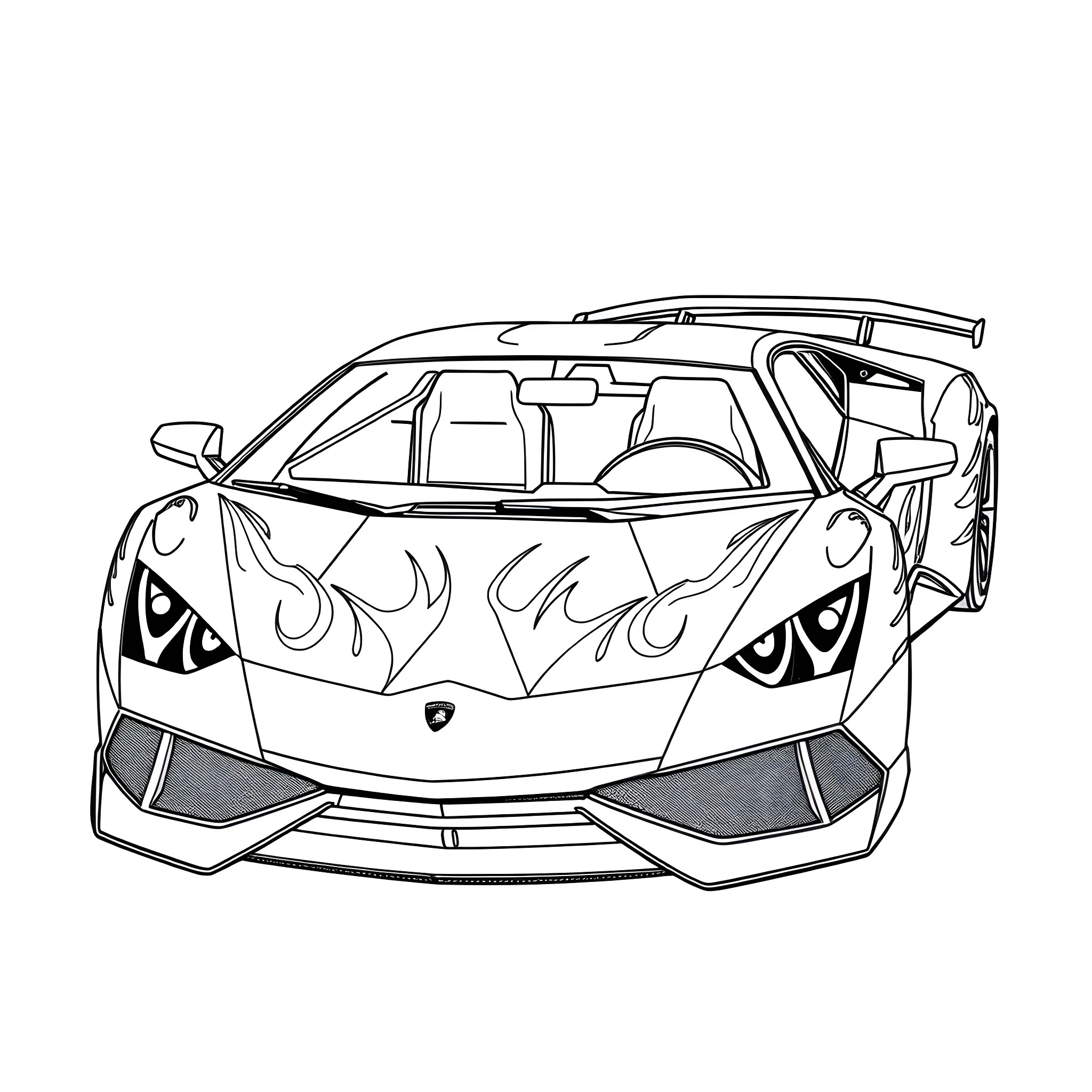 Lamborghini supercar with fierce tribal design Coloring Page (free black-and-white line drawing printable PDF for all, from beginners to advanced learners, including children, teens, adults, and seniors)